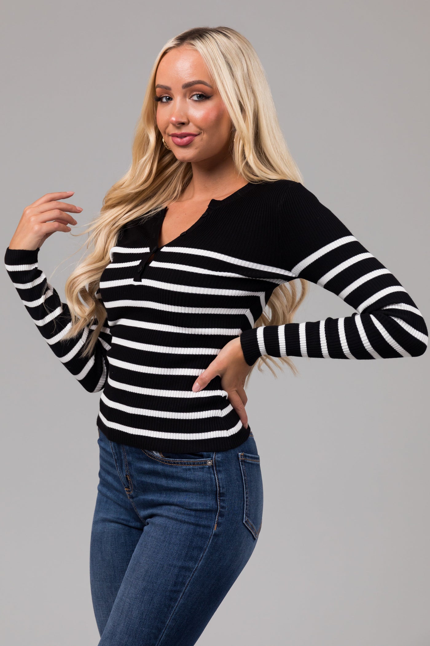 Black Striped Long Sleeve Ribbed Knit Top