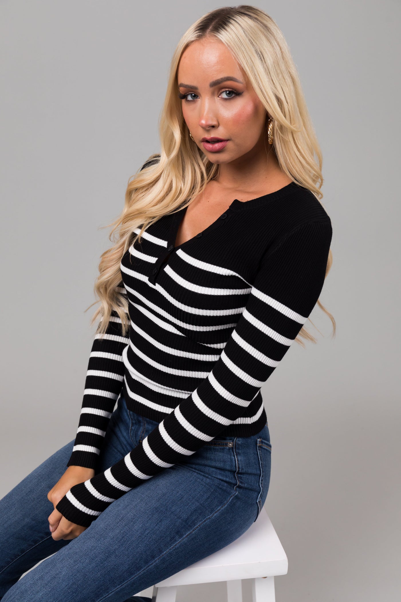Black Striped Long Sleeve Ribbed Knit Top