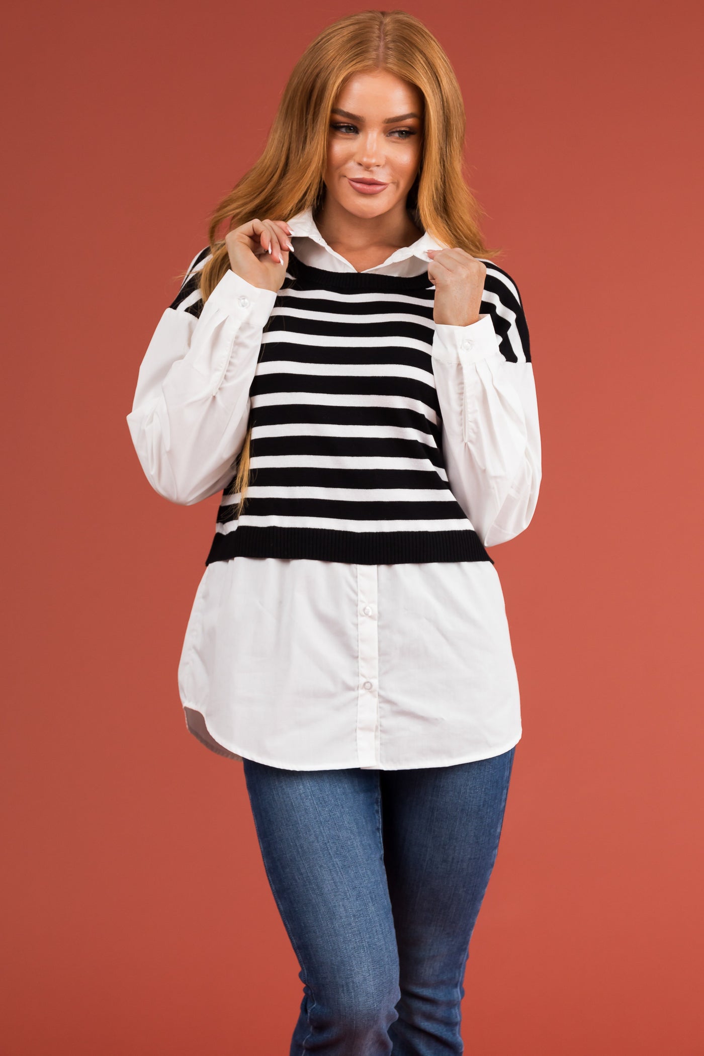 Black Striped Vest Layered Long Sleeve Blouse