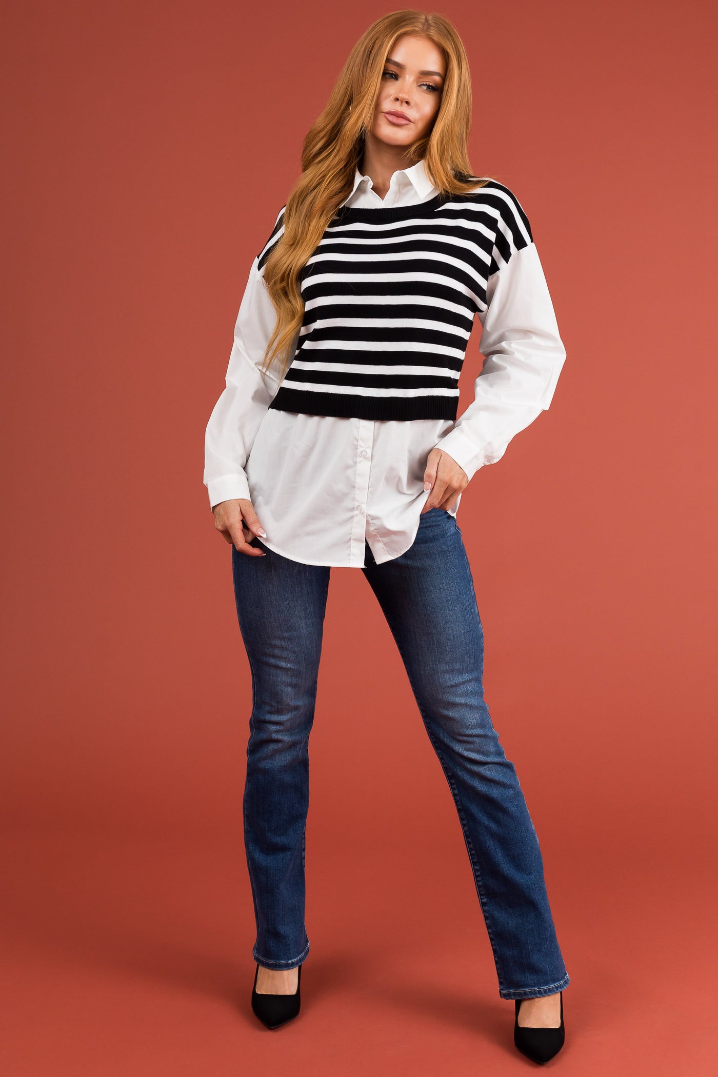 Black Striped Vest Layered Long Sleeve Blouse