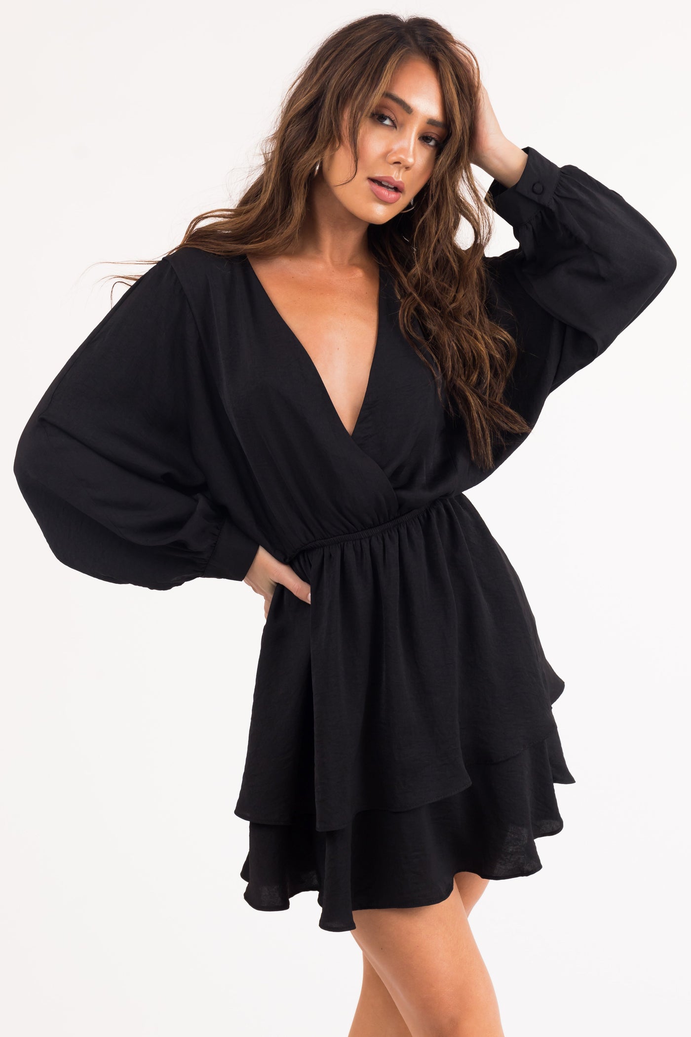 Black Surplice Front Long Sleeve Satin Dress
