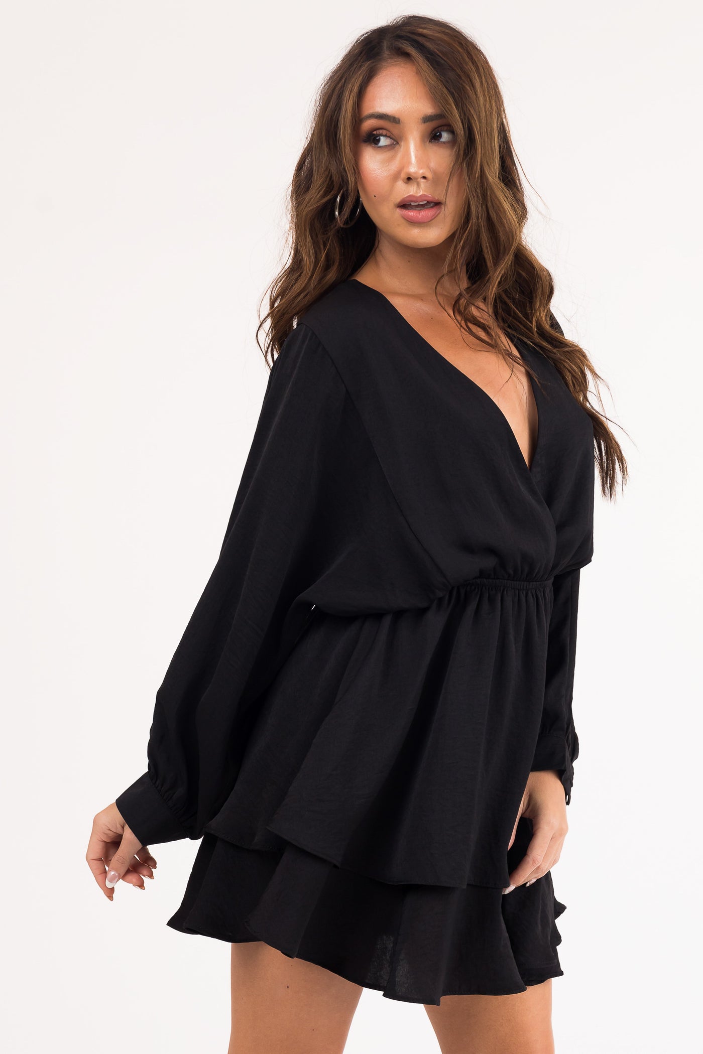 Black Surplice Front Long Sleeve Satin Dress