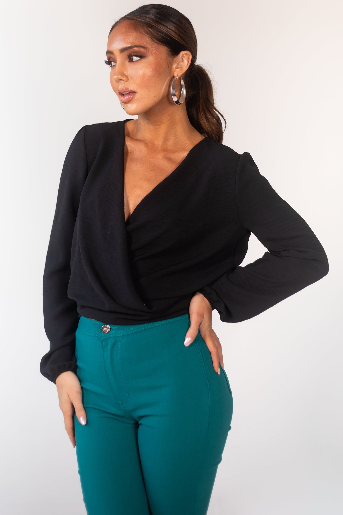 Black Surplice Long Sleeve Back Tie Blouse
