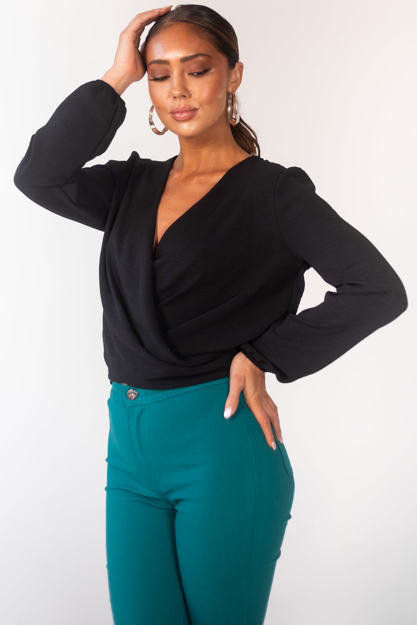 Black Surplice Long Sleeve Back Tie Blouse