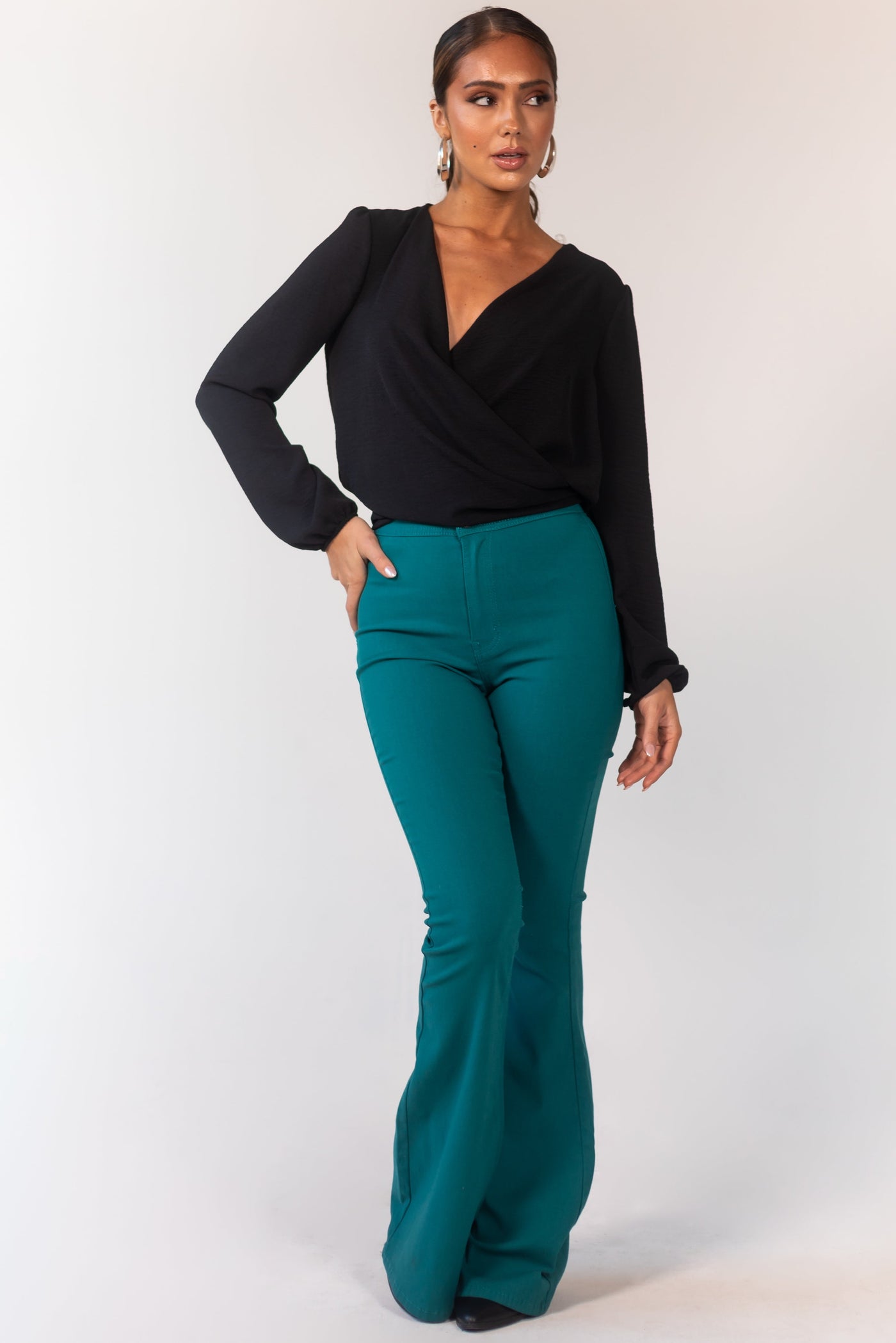 Black Surplice Long Sleeve Back Tie Blouse