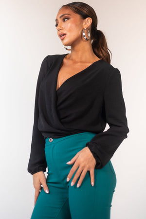 Black Surplice Long Sleeve Back Tie Blouse