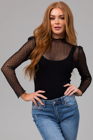 Black Swiss Dot Long Sleeve Mesh Knit Top