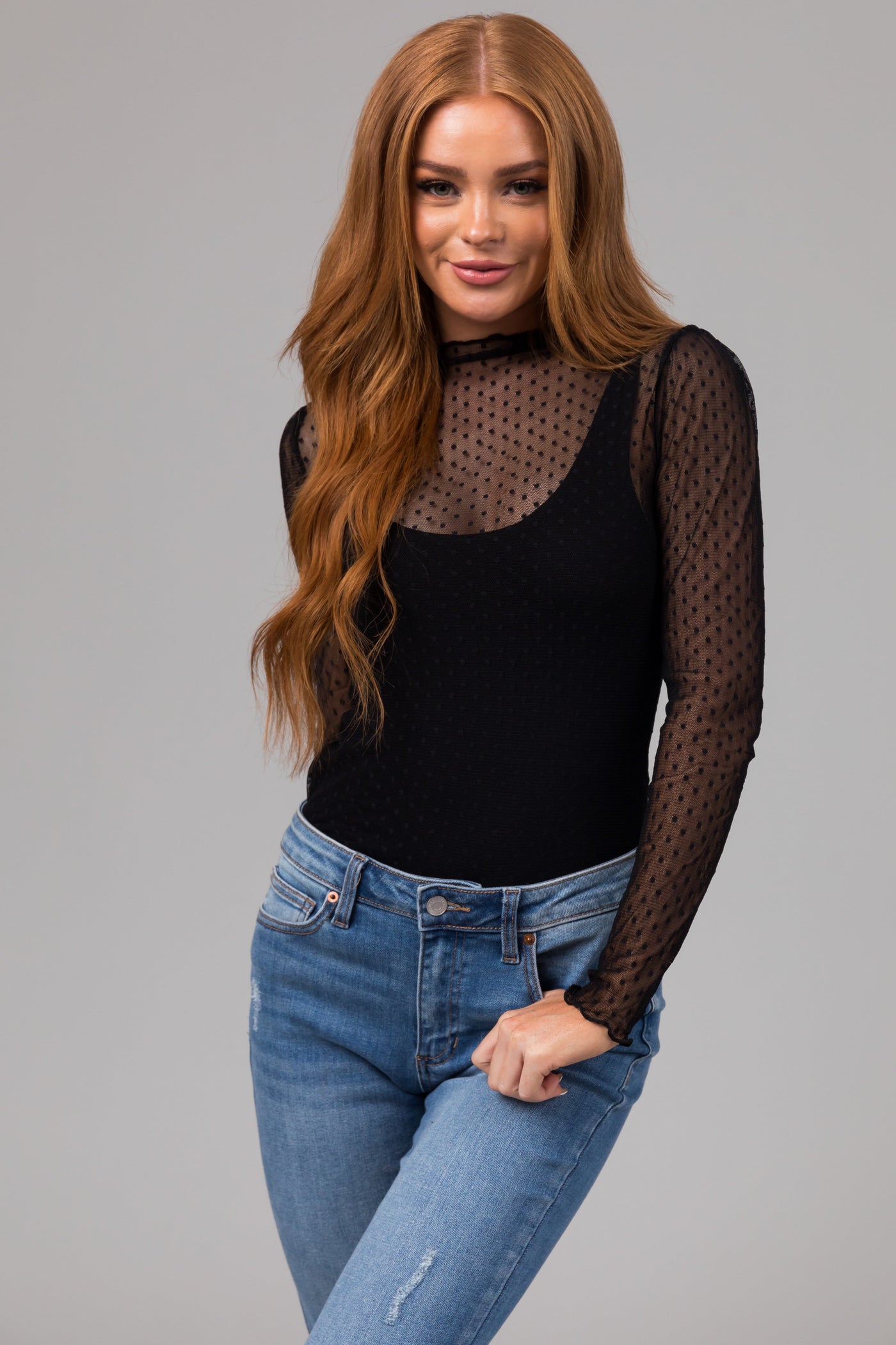 Black Swiss Dot Long Sleeve Mesh Knit Top
