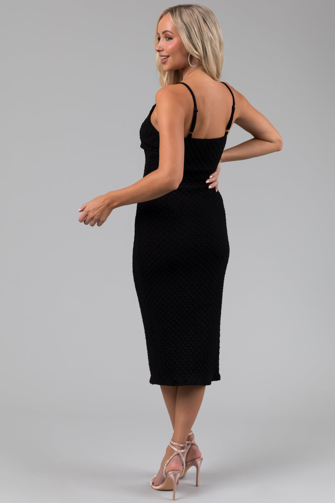 Black Textured Deep Sweetheart Neck Midi Dress