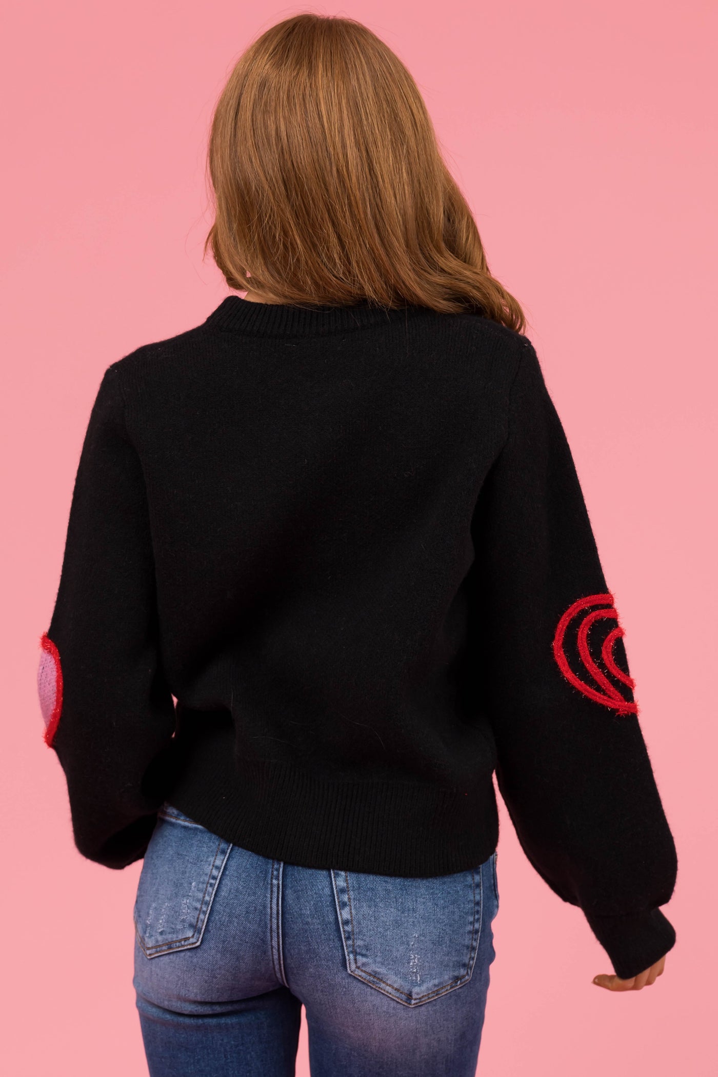 Black Textured Hearts Detail Knit Sweater