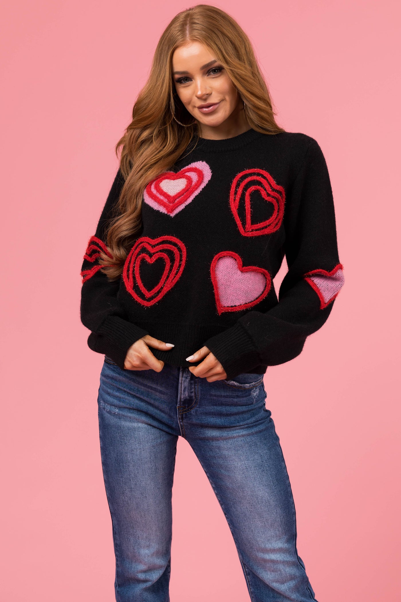 Black Textured Hearts Detail Knit Sweater