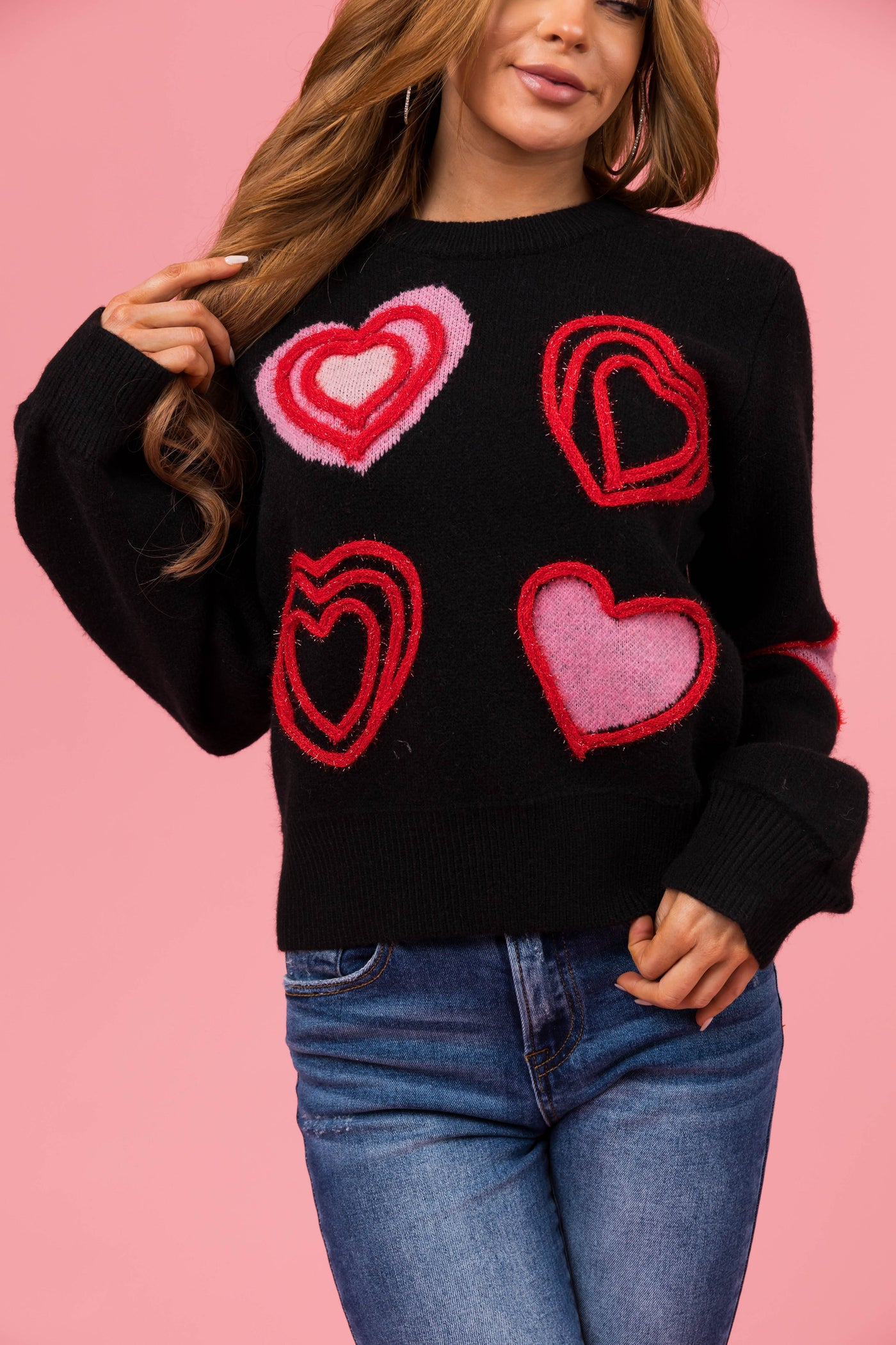 Black Textured Hearts Detail Knit Sweater