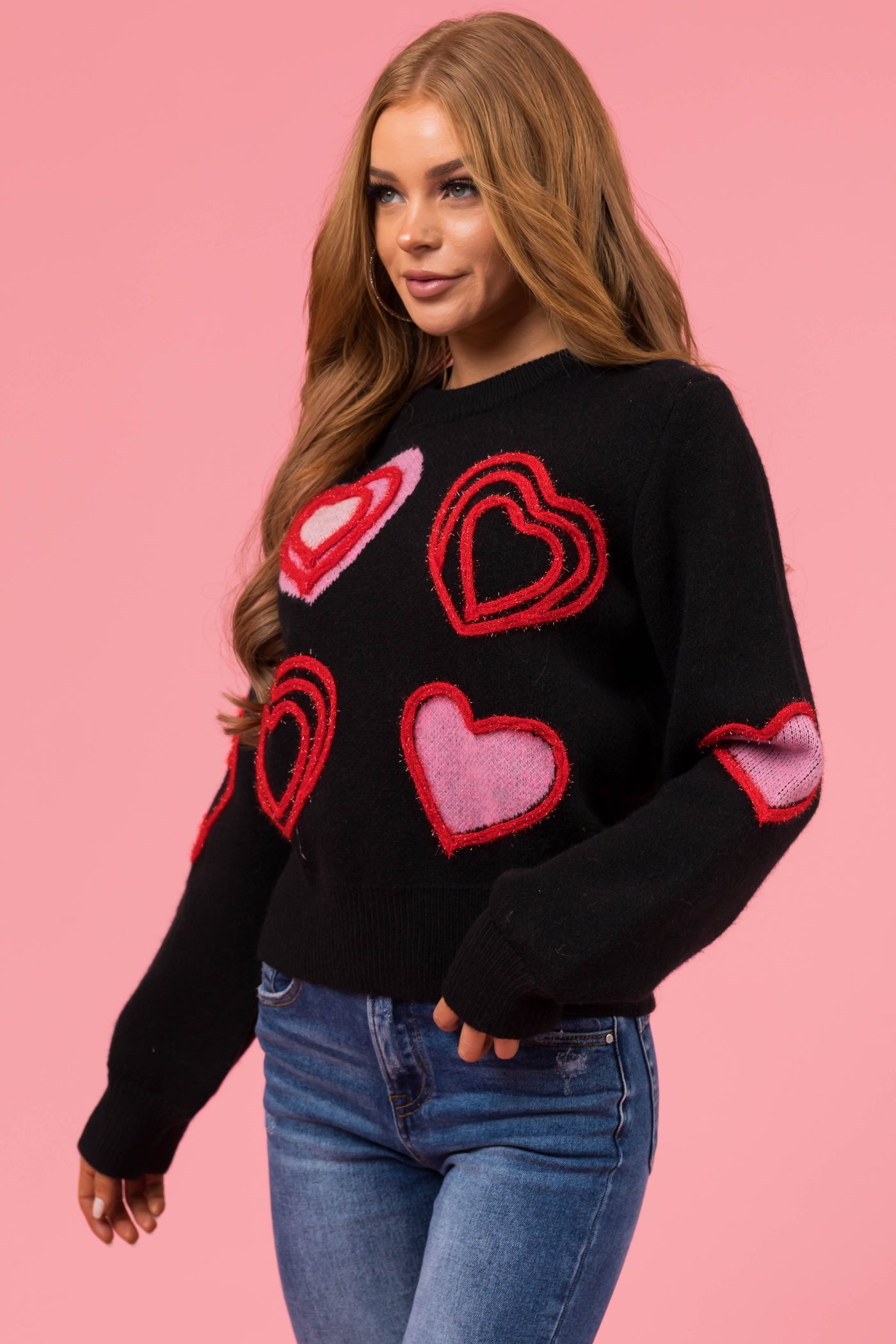 Black Textured Hearts Detail Knit Sweater