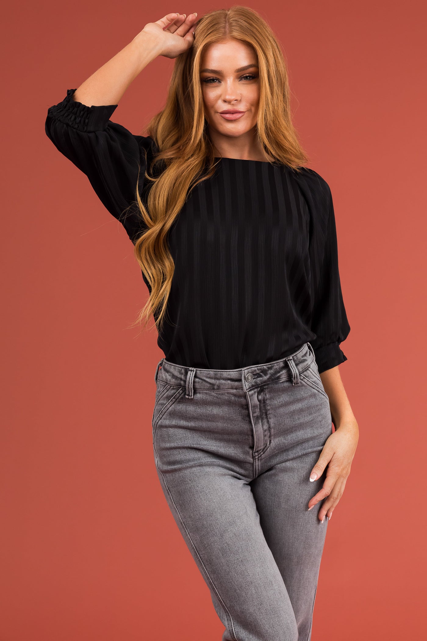 Black Textured Ribbed Half Sleeve Blouse