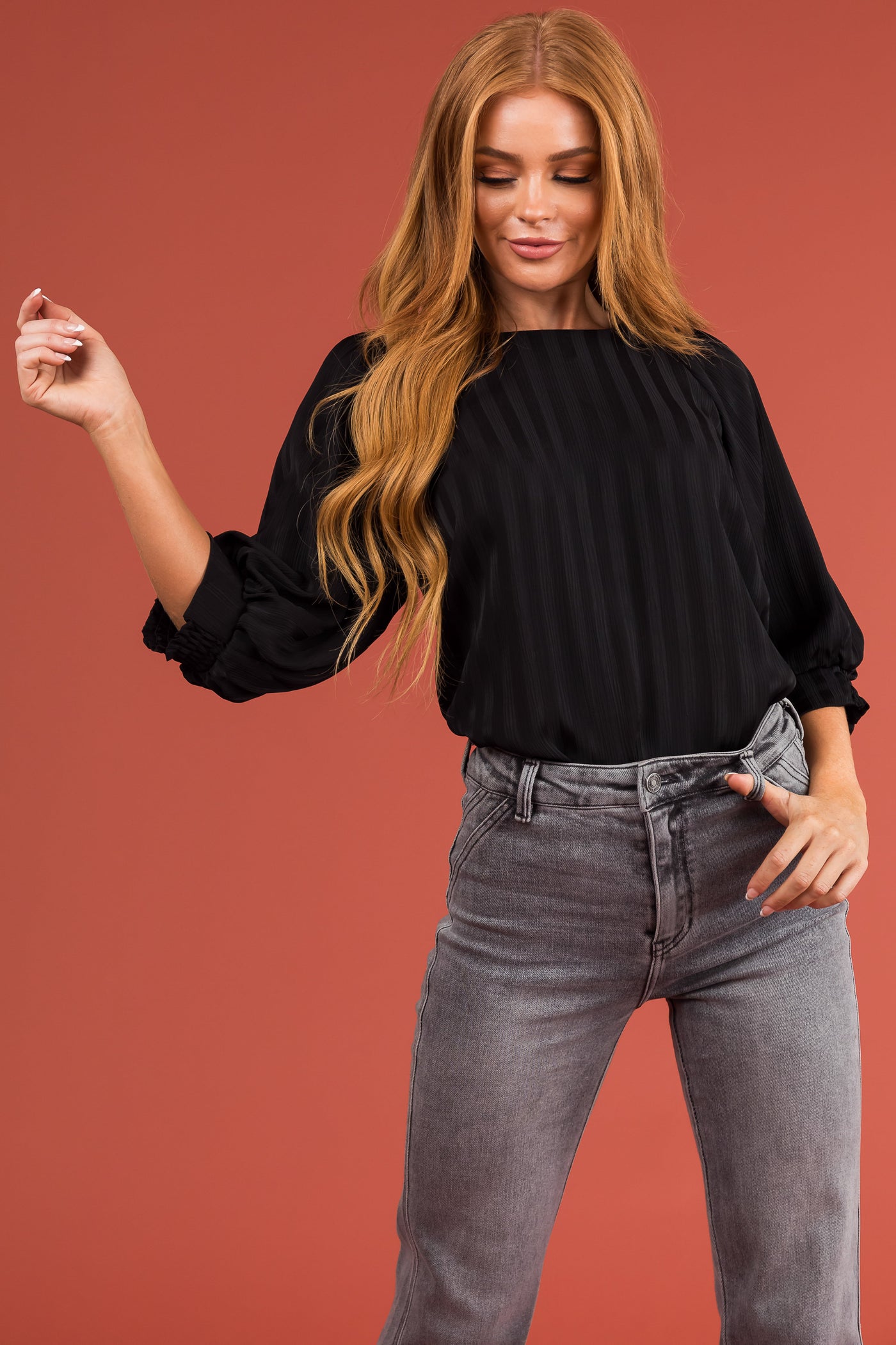 Black Textured Ribbed Half Sleeve Blouse