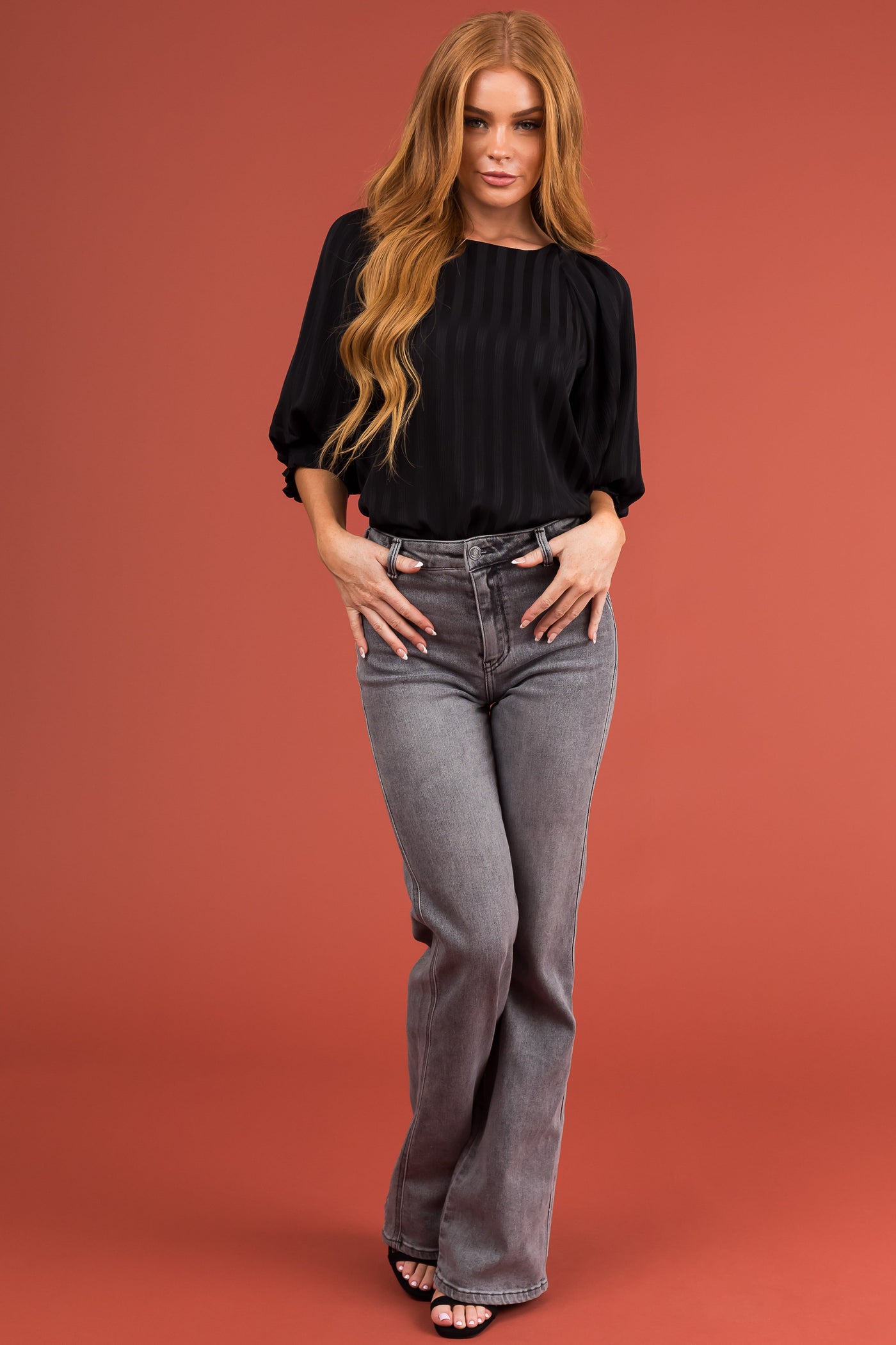 Black Textured Ribbed Half Sleeve Blouse