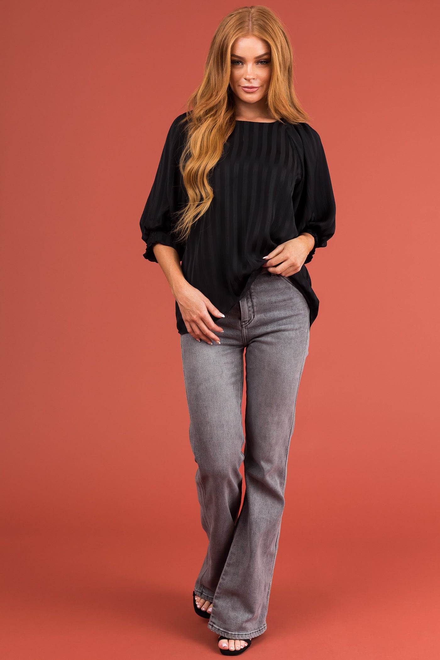 Black Textured Ribbed Half Sleeve Blouse
