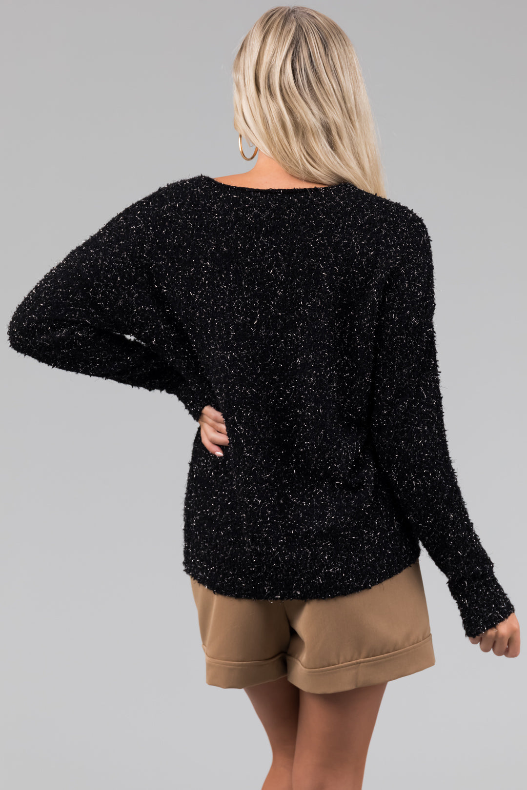 Black Textured V-Neck Lightweight Sweater