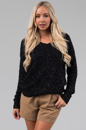 Black Textured V-Neck Lightweight Sweater