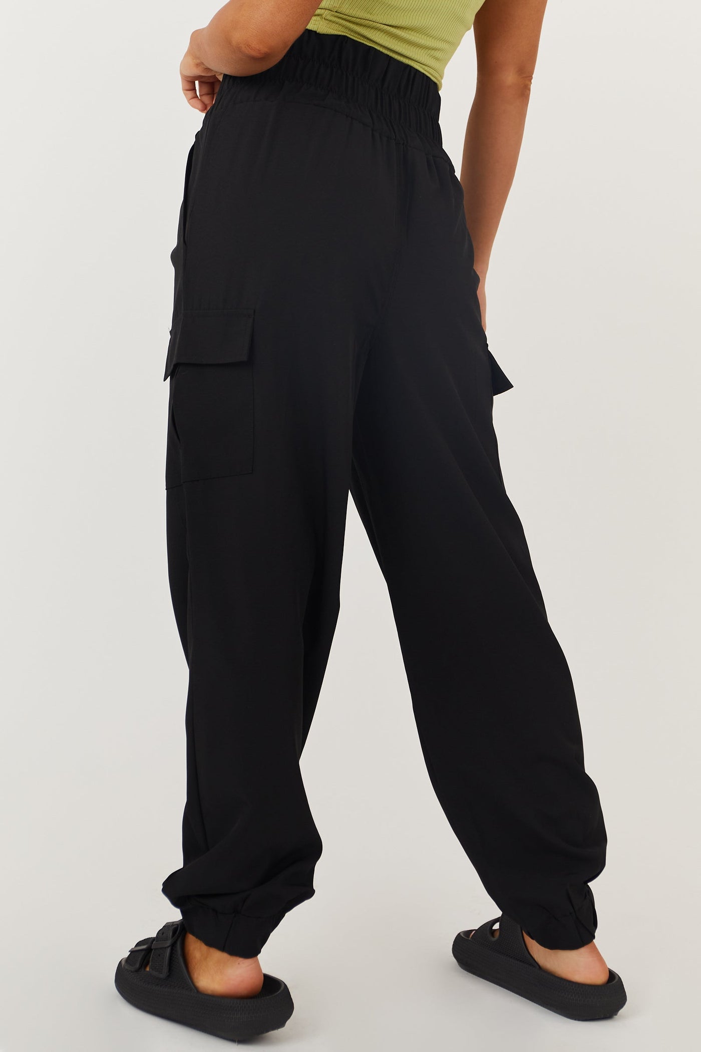 Black Thick Elastic Waist Cargo Joggers