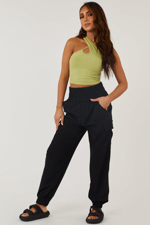Black Thick Elastic Waist Cargo Joggers