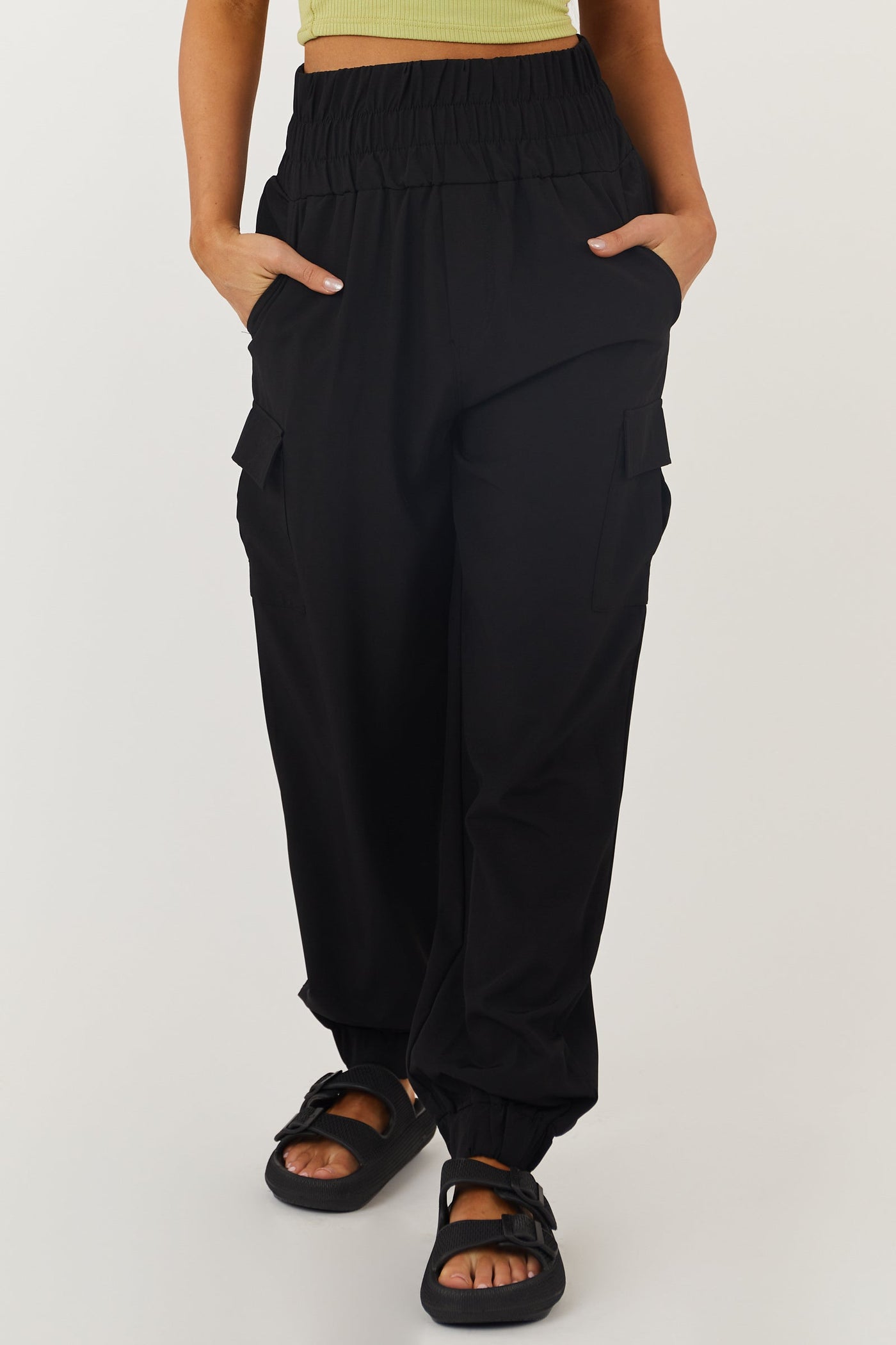 Black Thick Elastic Waist Cargo Joggers