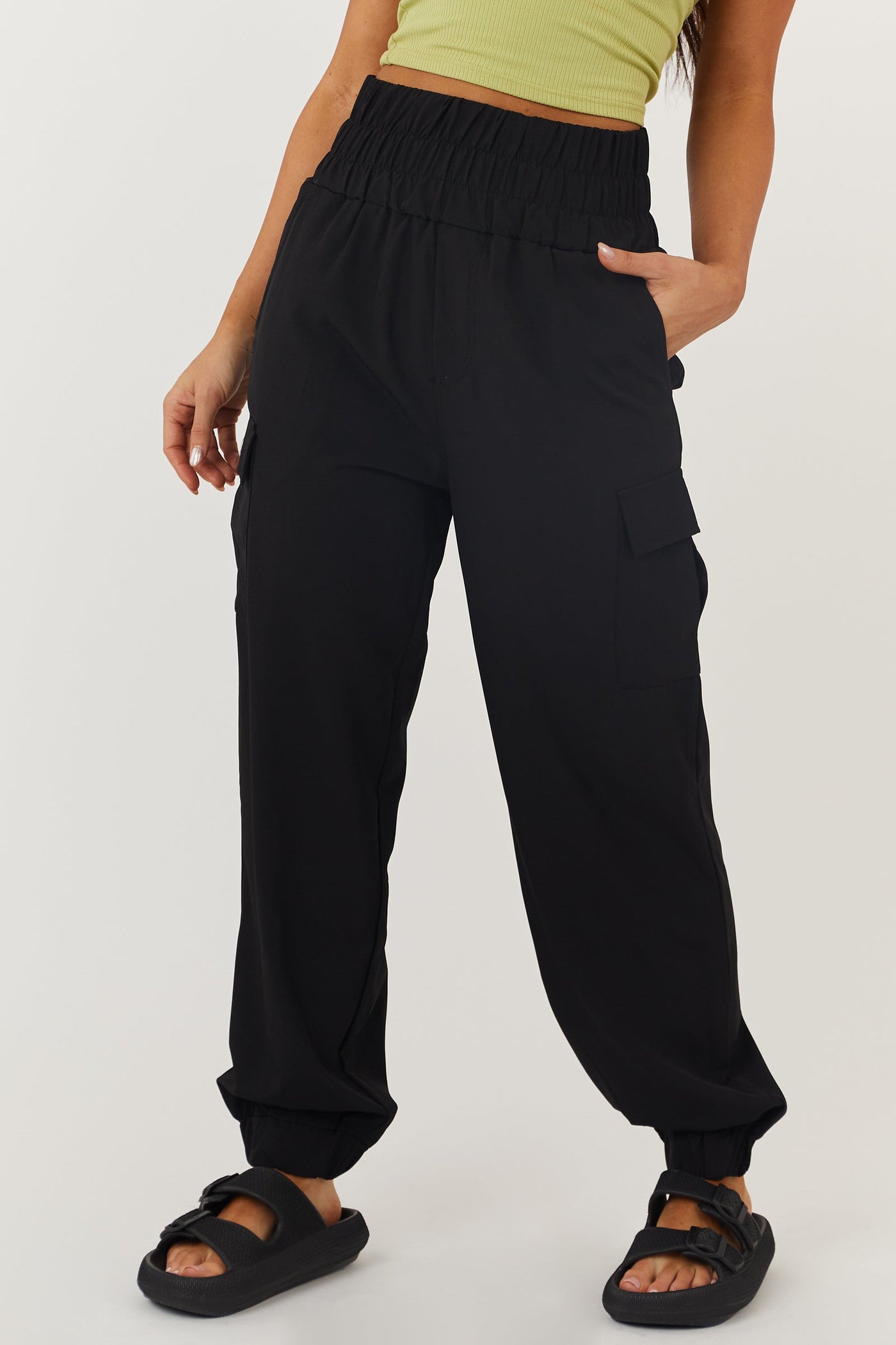 Black Thick Elastic Waist Cargo Joggers