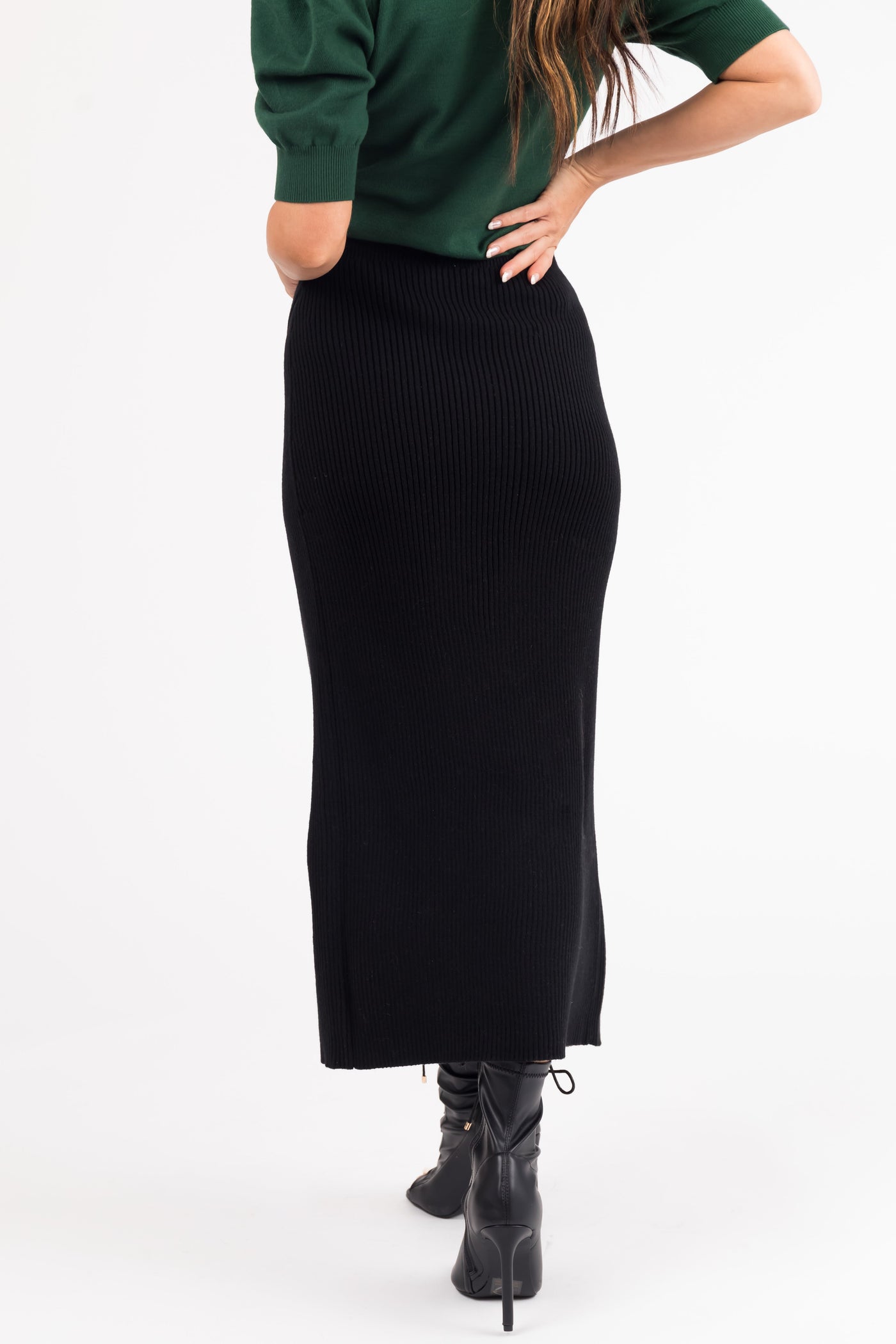 Black Thick Ribbed Knit Slit Wrap Midi Skirt