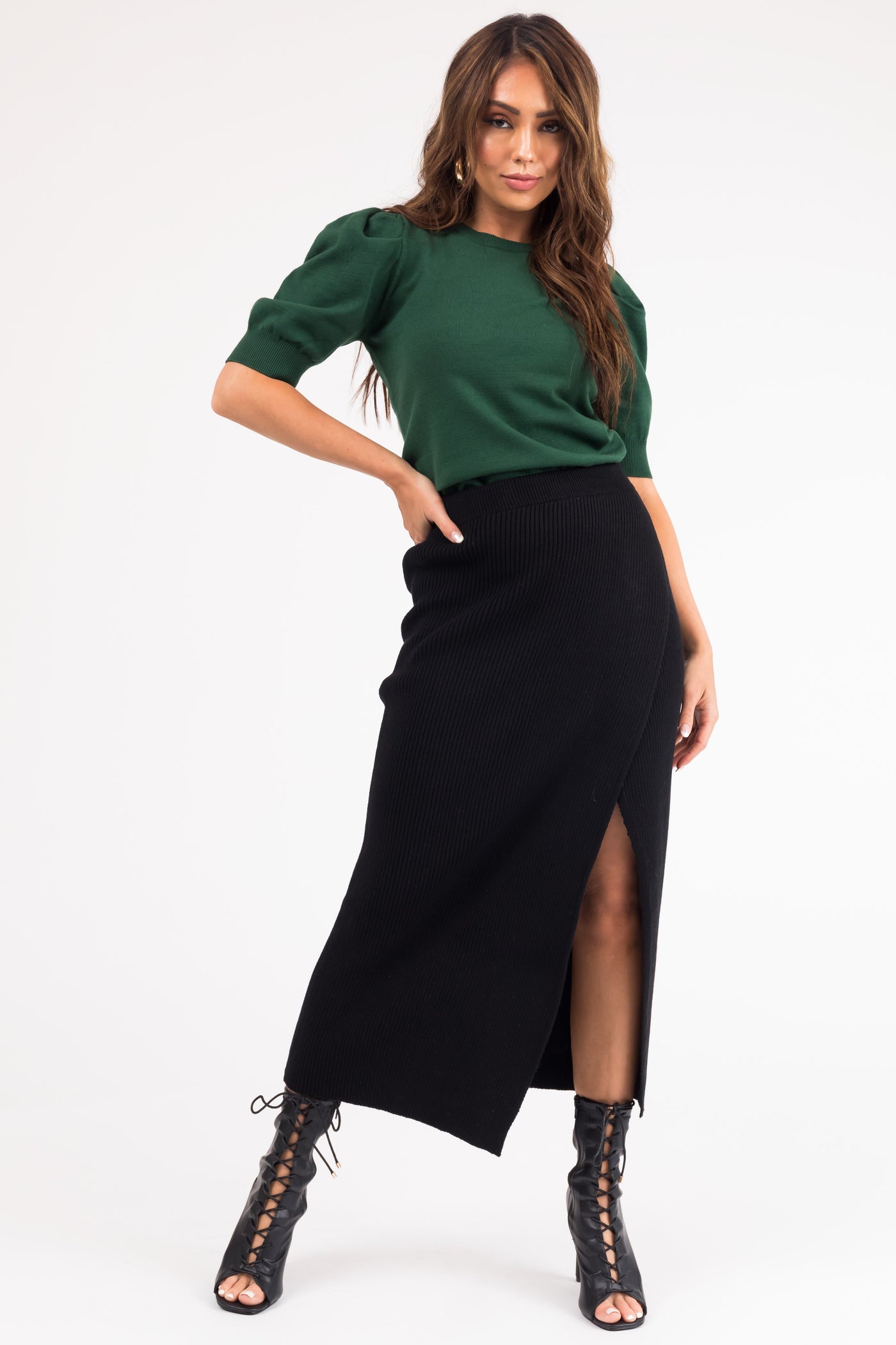 Black Thick Ribbed Knit Slit Wrap Midi Skirt