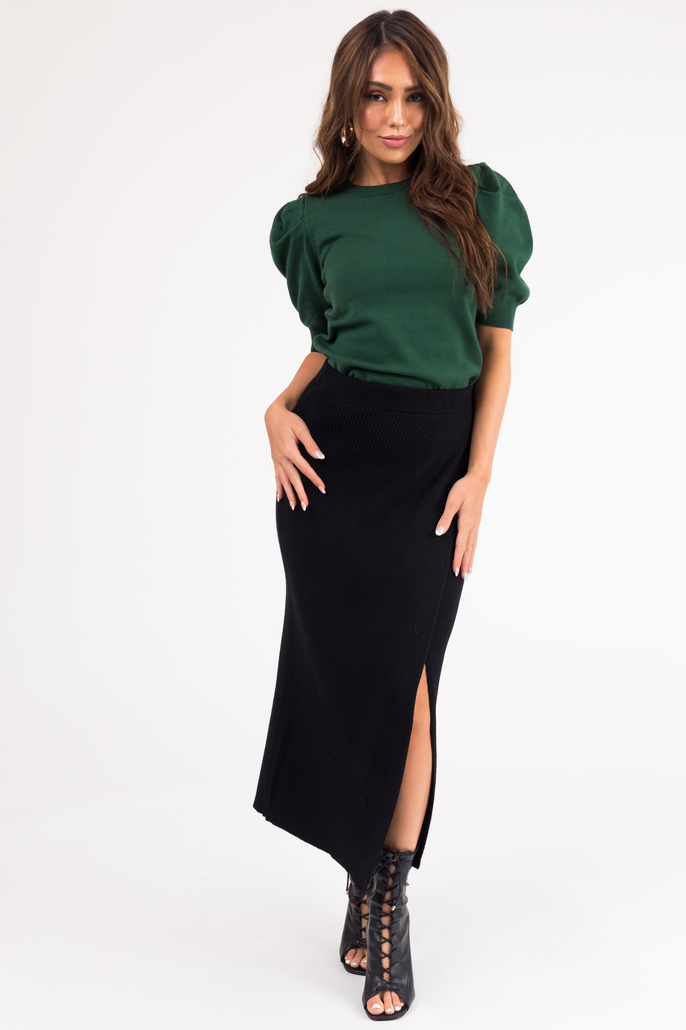Black Thick Ribbed Knit Slit Wrap Midi Skirt