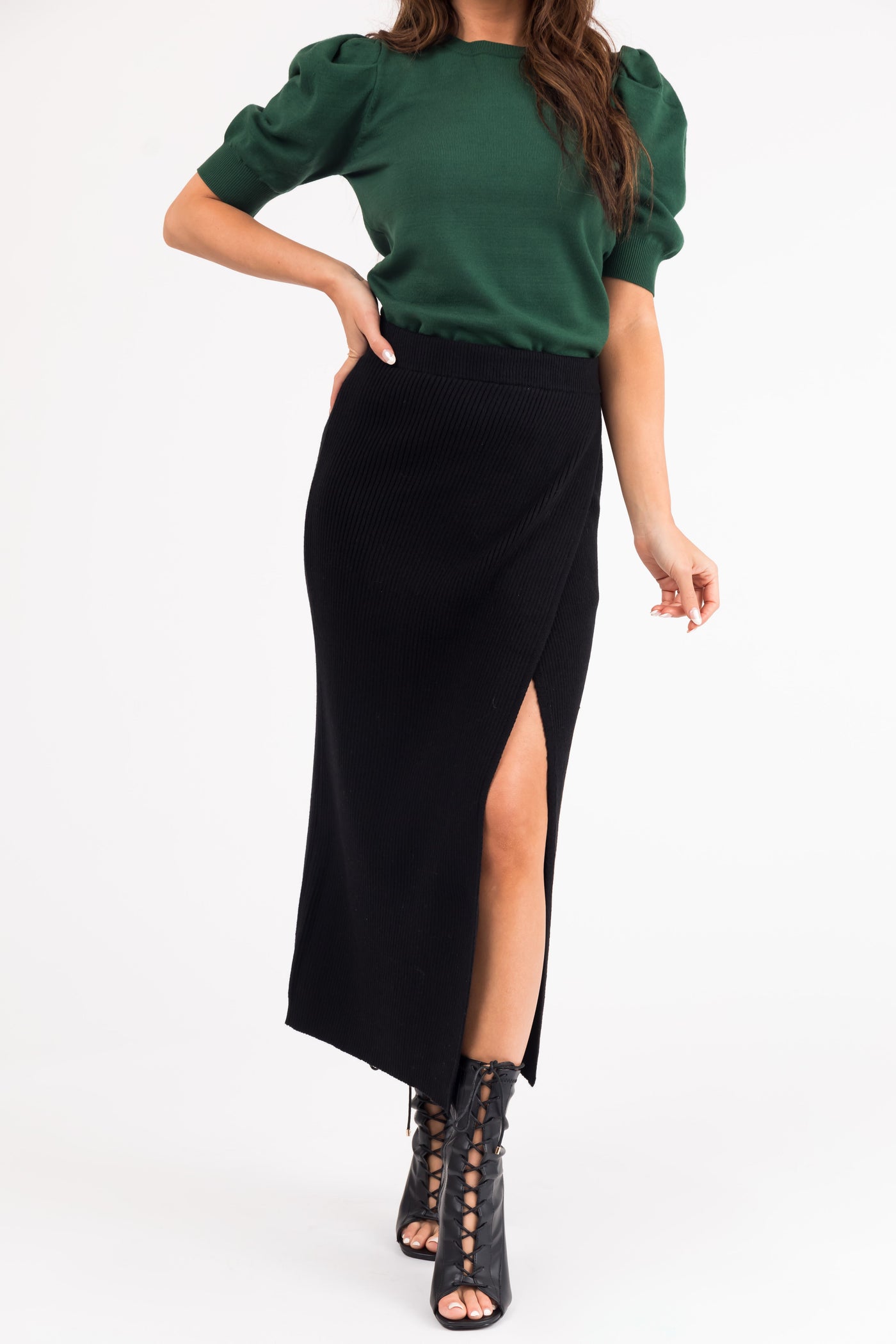 Black Thick Ribbed Knit Slit Wrap Midi Skirt