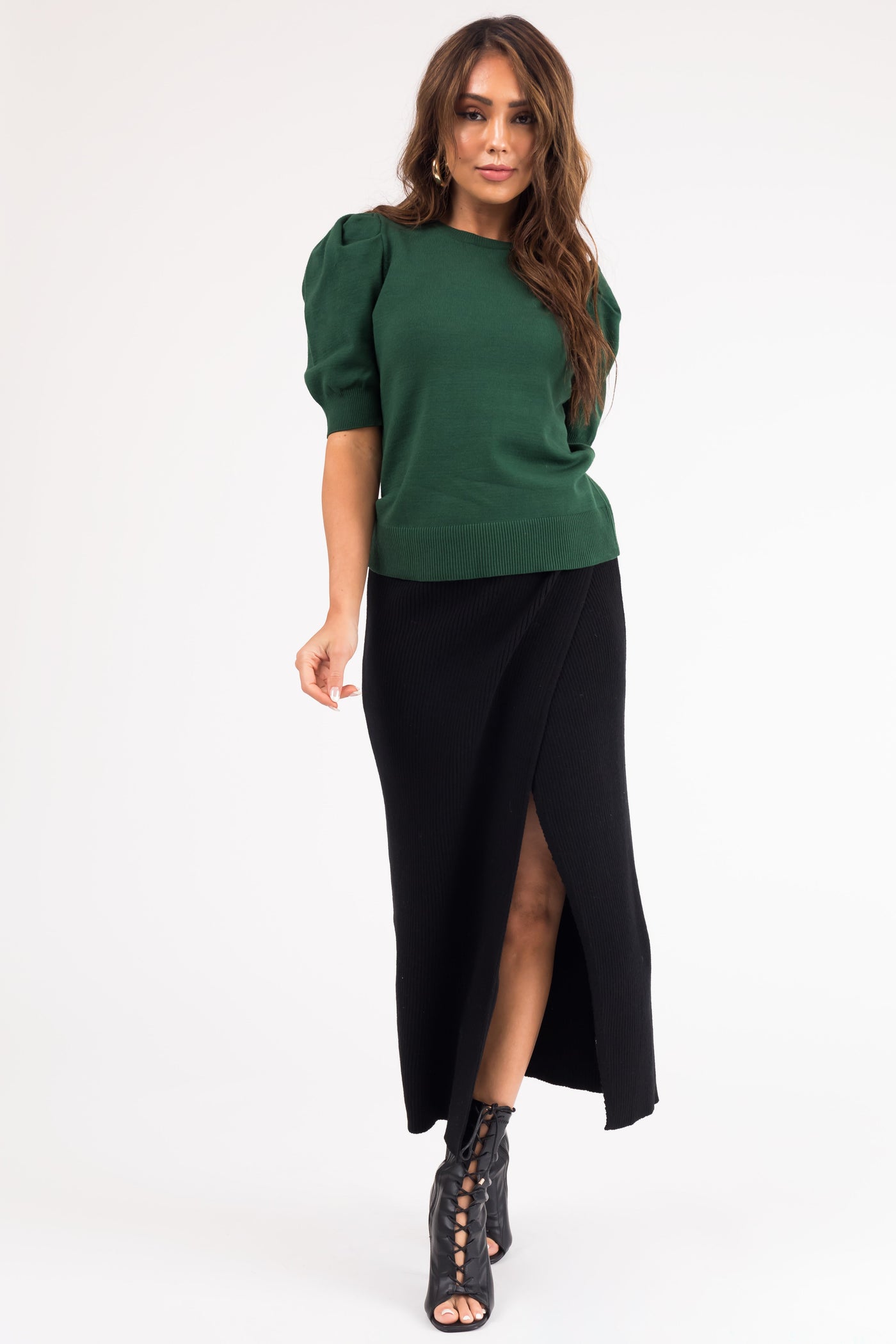 Black Thick Ribbed Knit Slit Wrap Midi Skirt