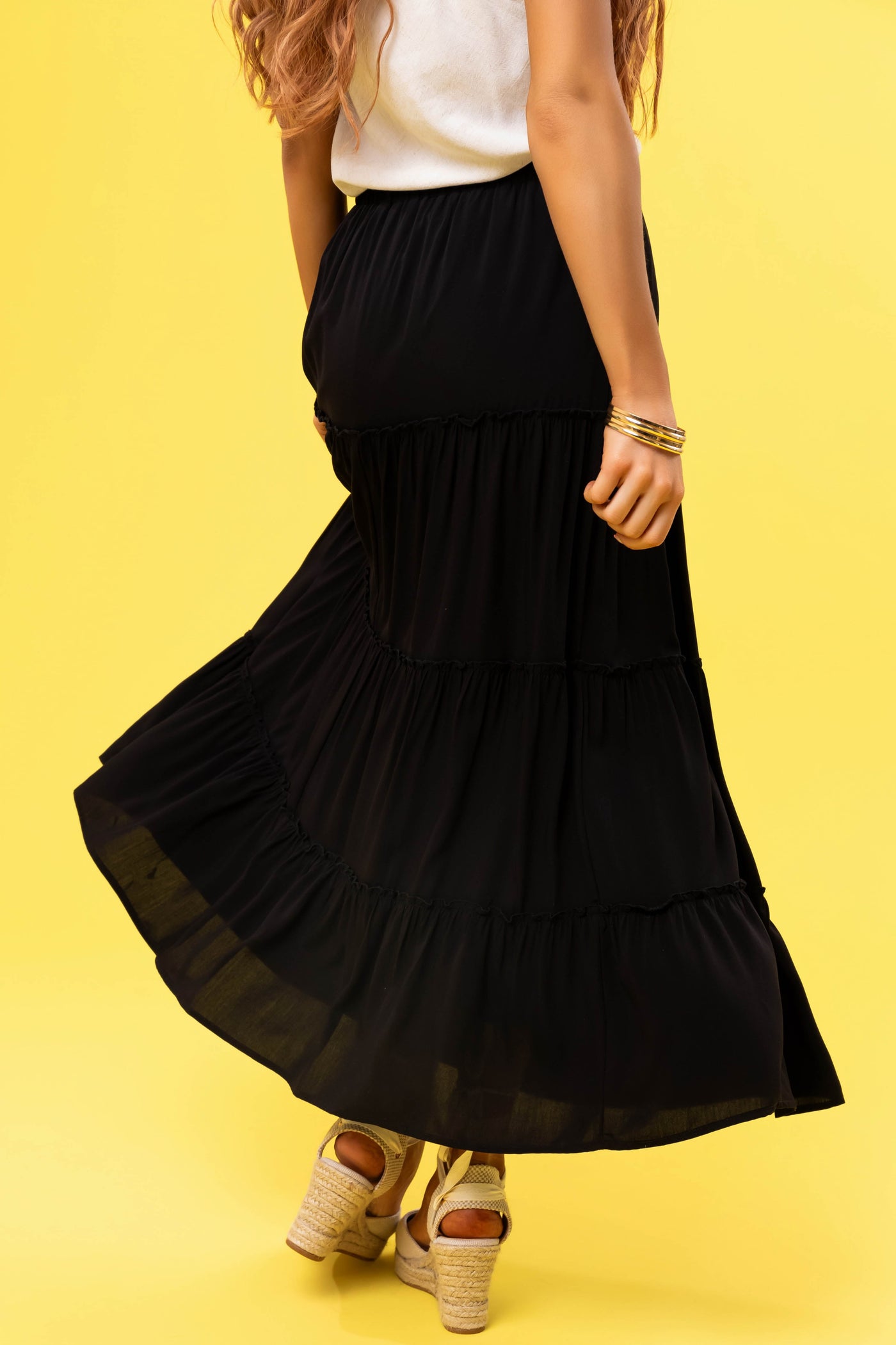 Black Tiered Elastic Waist Woven Maxi Skirt