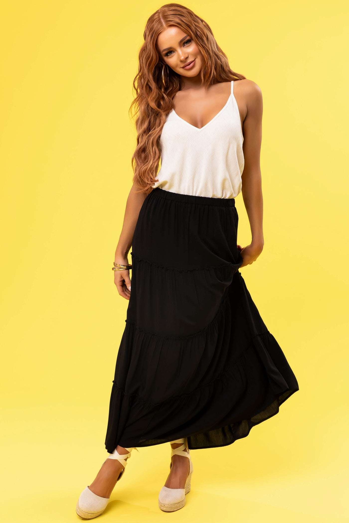 Black Tiered Elastic Waist Woven Maxi Skirt