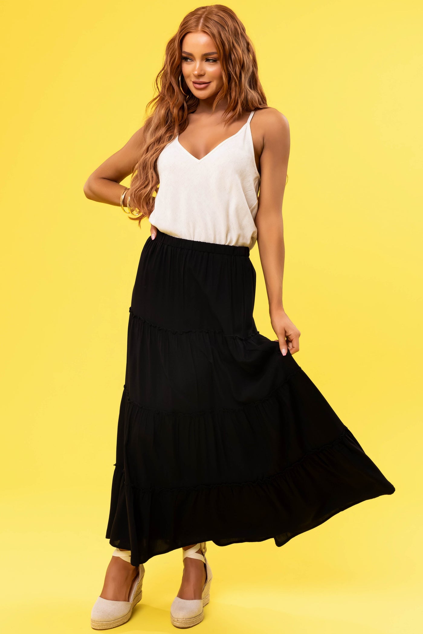 Black Tiered Elastic Waist Woven Maxi Skirt