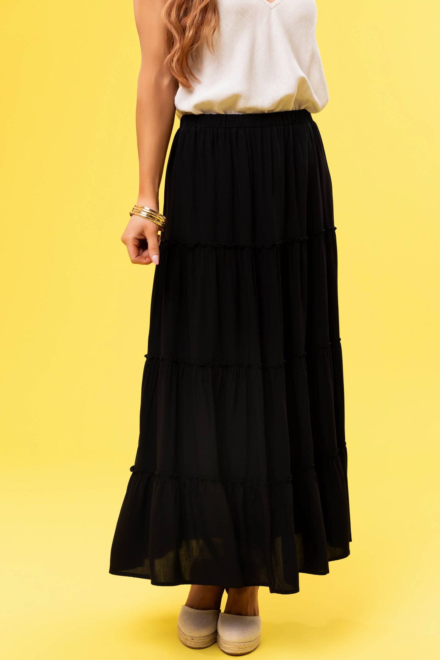 Black Tiered Elastic Waist Woven Maxi Skirt