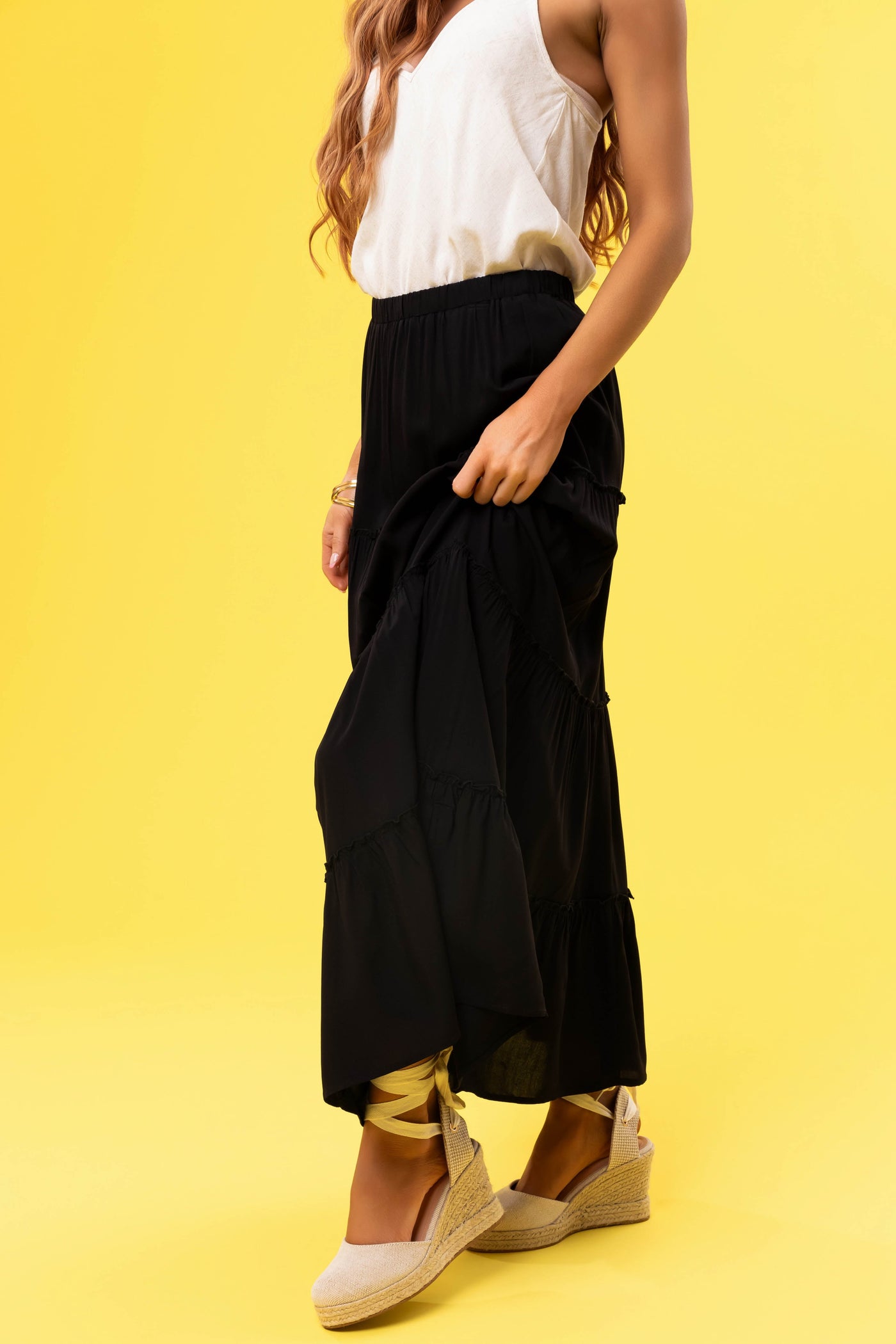 Black Tiered Elastic Waist Woven Maxi Skirt