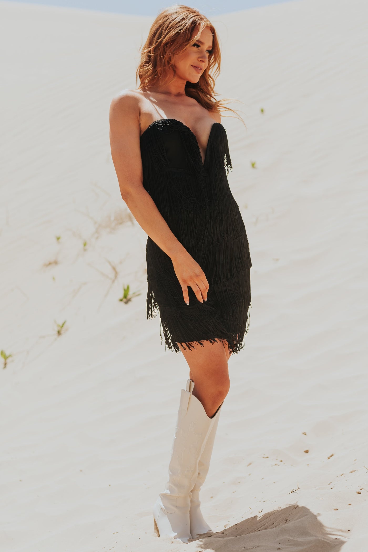 Black Tiered Fringe V Neck Mini Dress