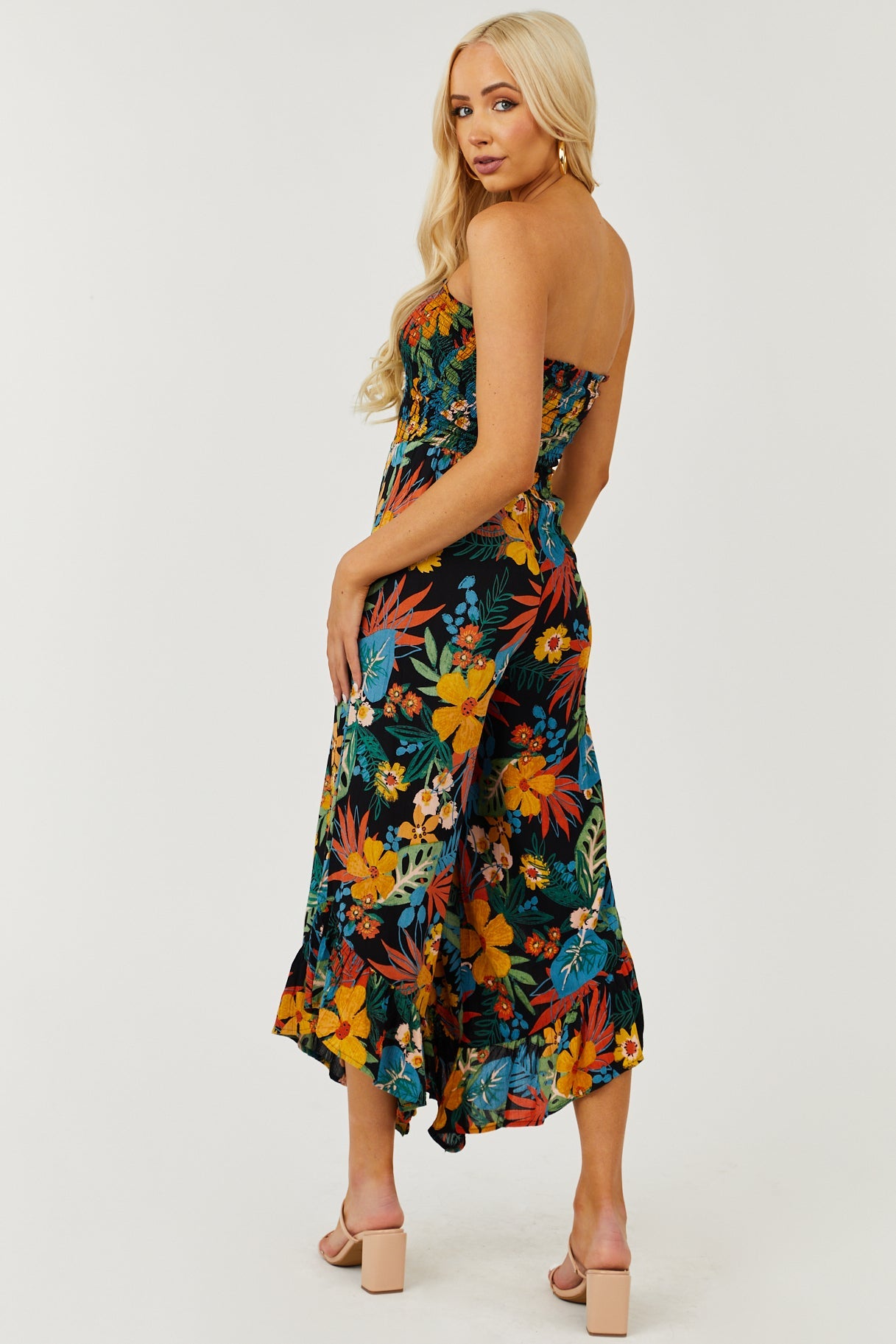 Black Tropical Print Strapless Smocked Jumpsuit
