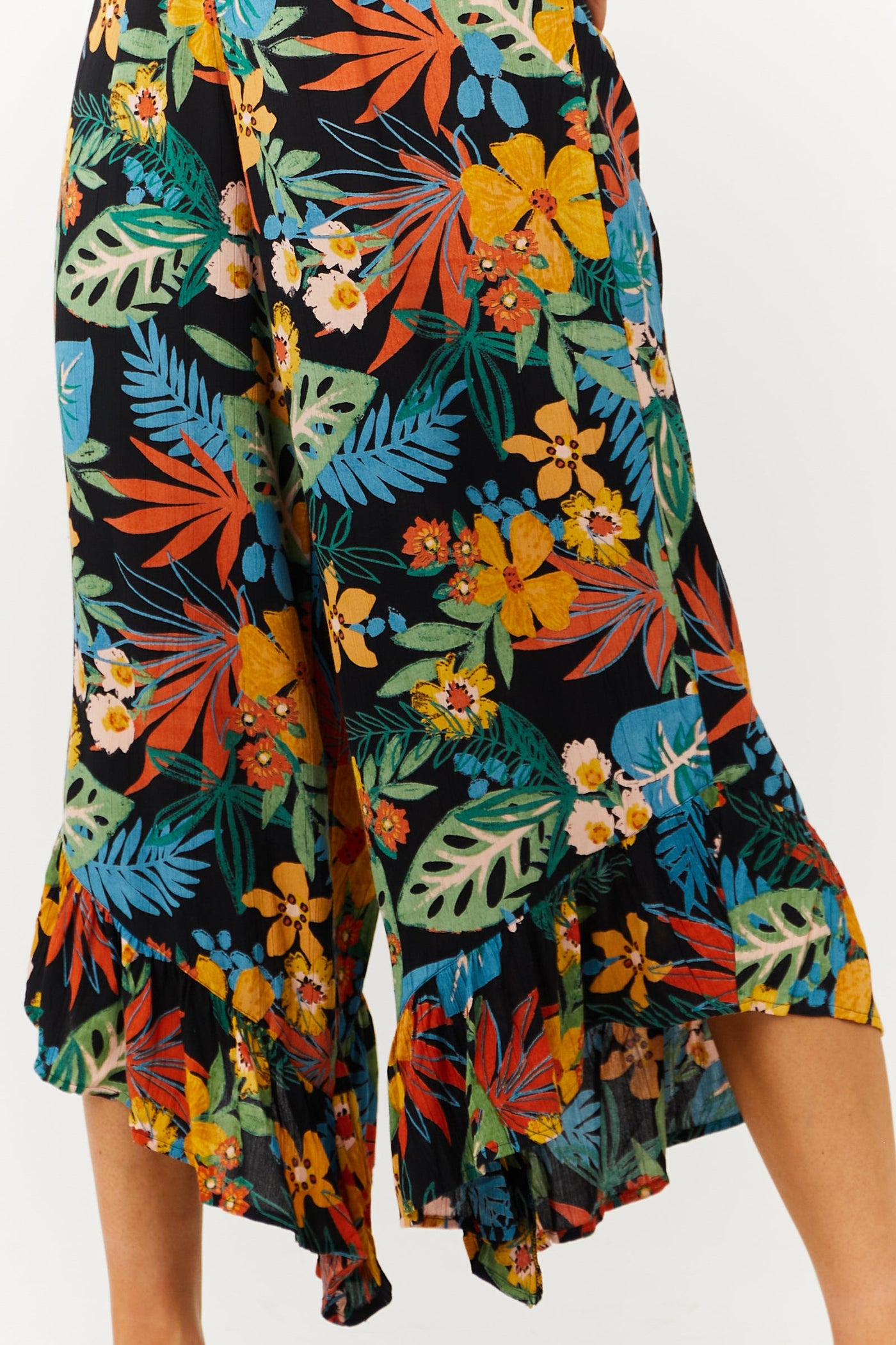 Black Tropical Print Strapless Smocked Jumpsuit