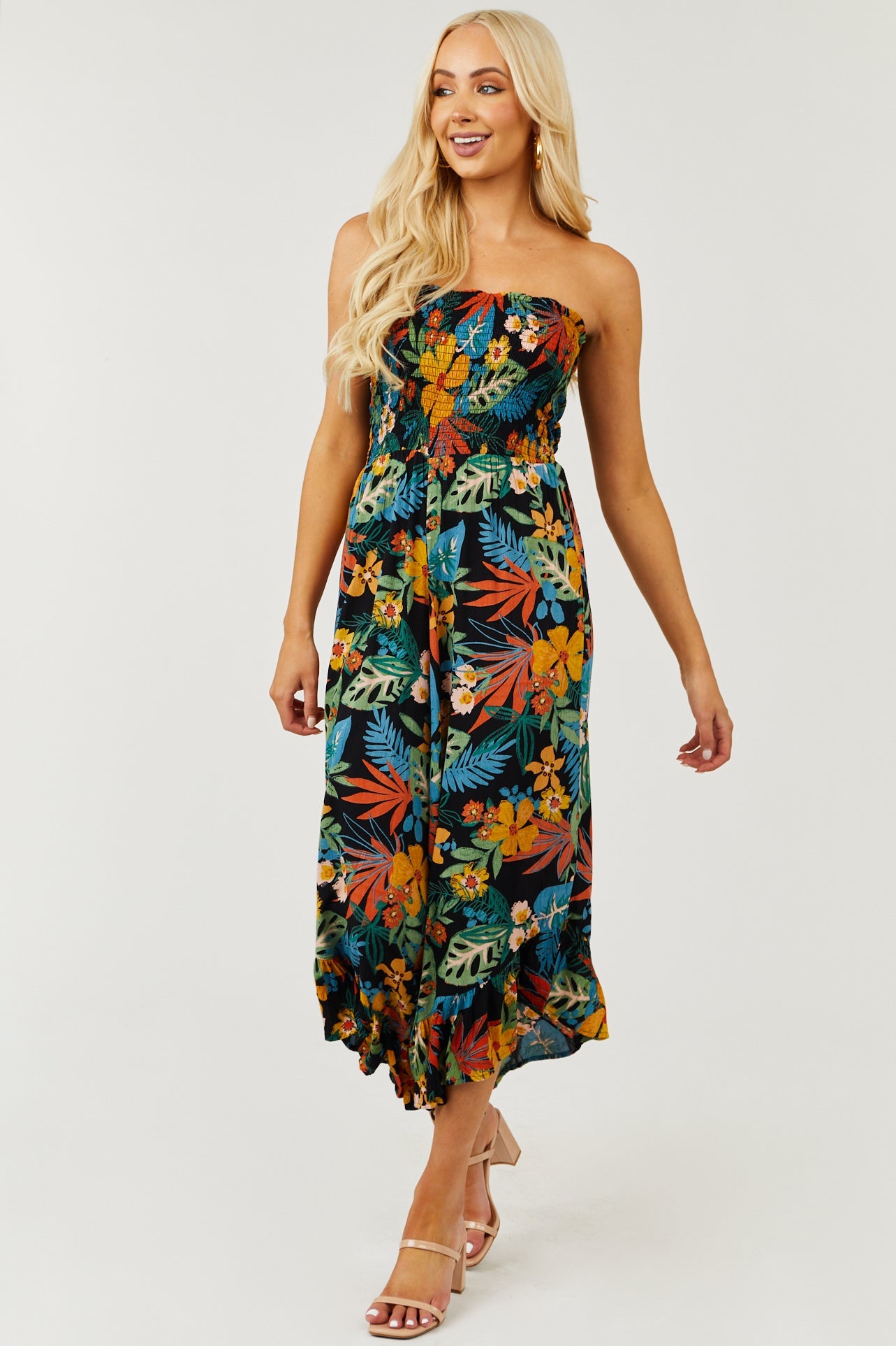 Black Tropical Print Strapless Smocked Jumpsuit
