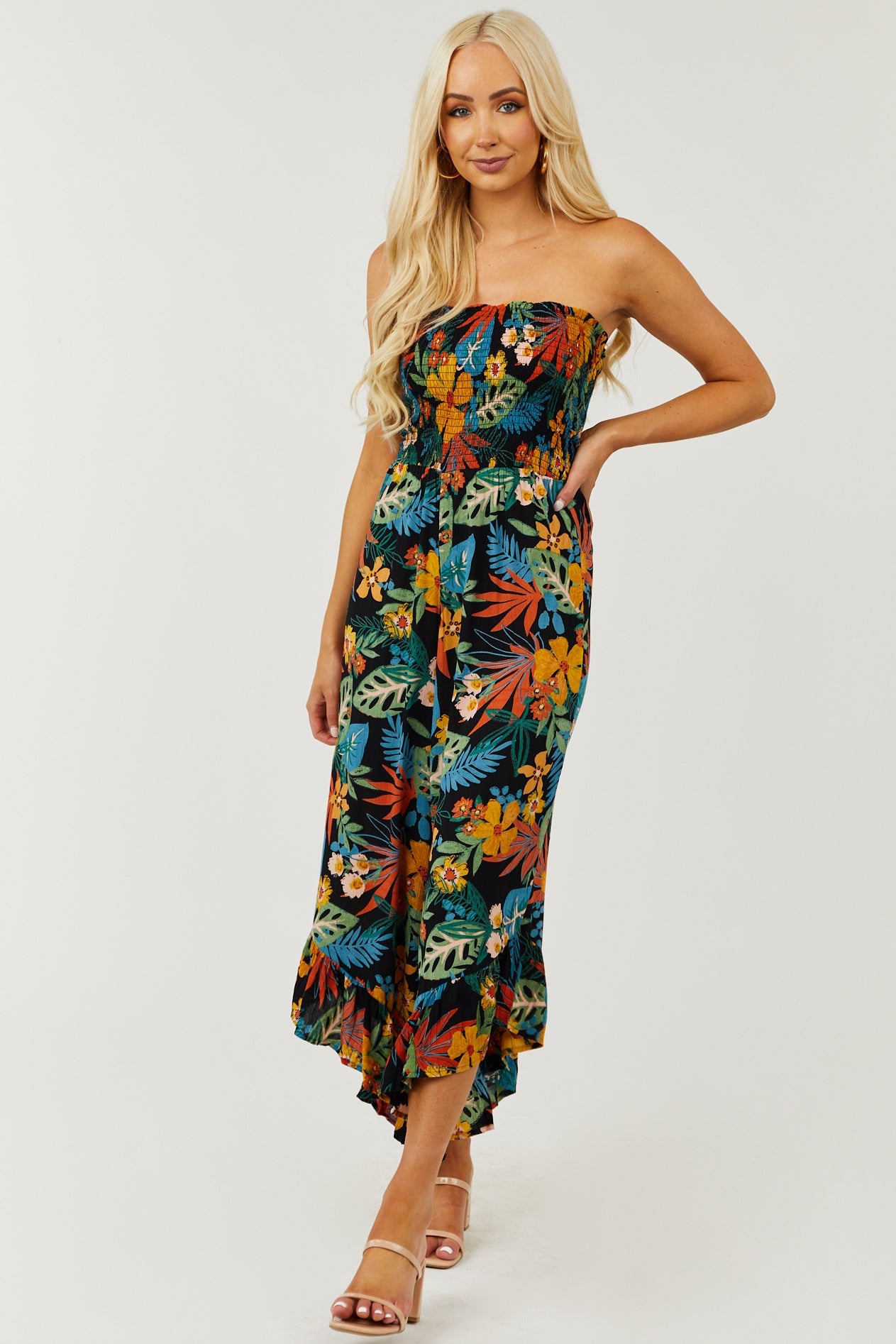 Black Tropical Print Strapless Smocked Jumpsuit