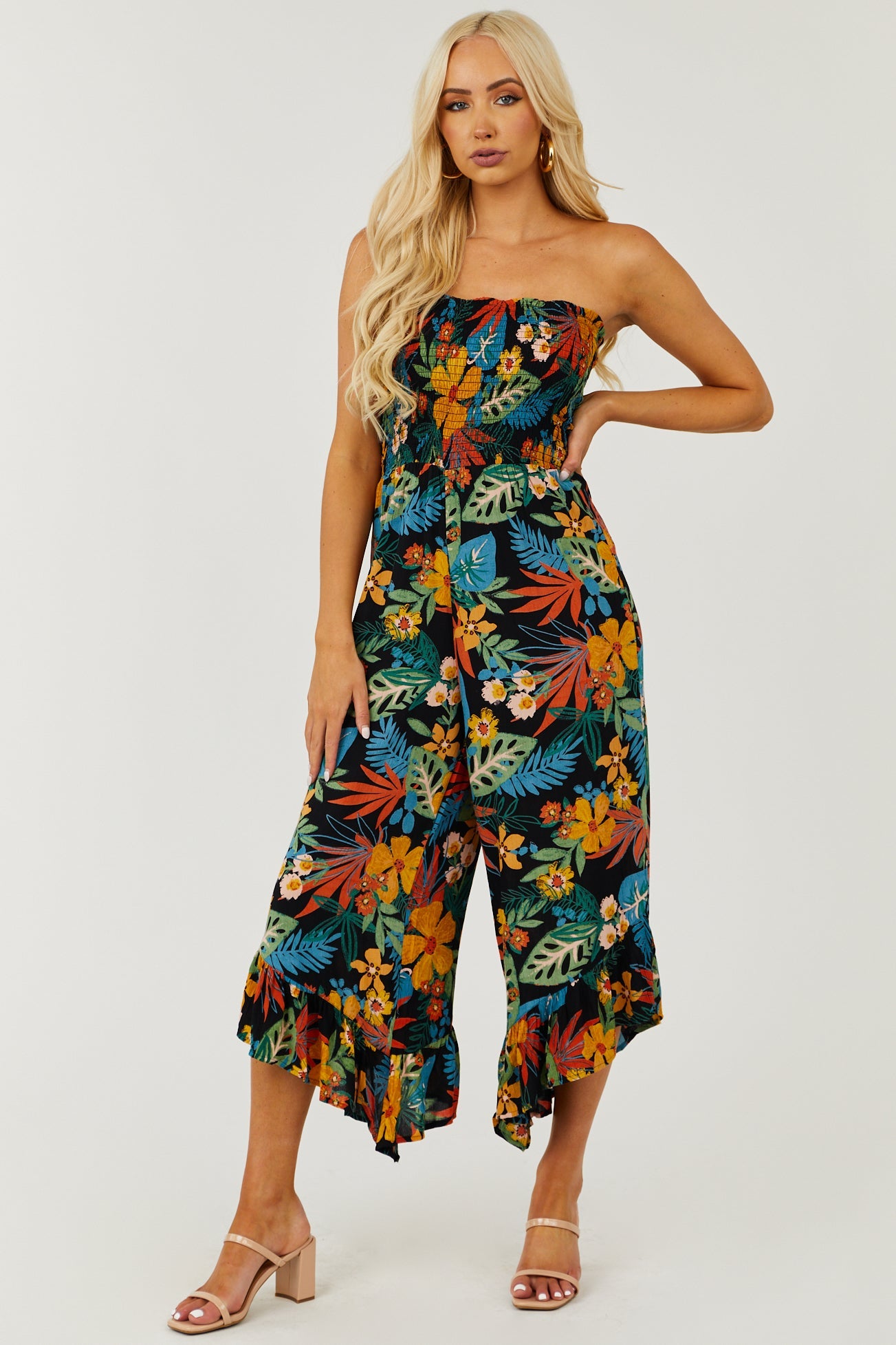 Black Tropical Print Strapless Smocked Jumpsuit