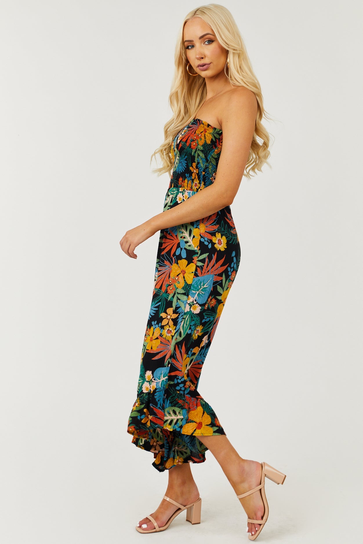 Black Tropical Print Strapless Smocked Jumpsuit