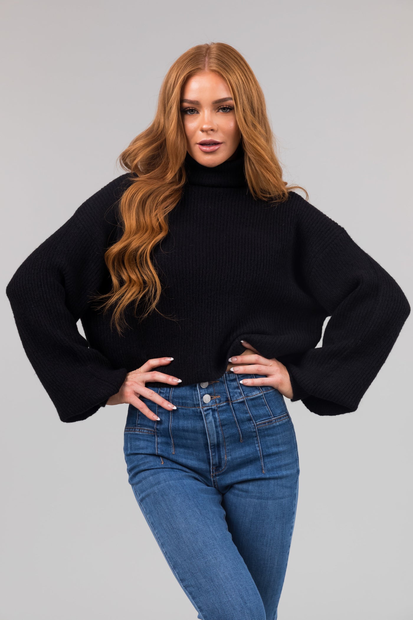 Black Turtleneck Cropped Bubble Sleeve Sweater