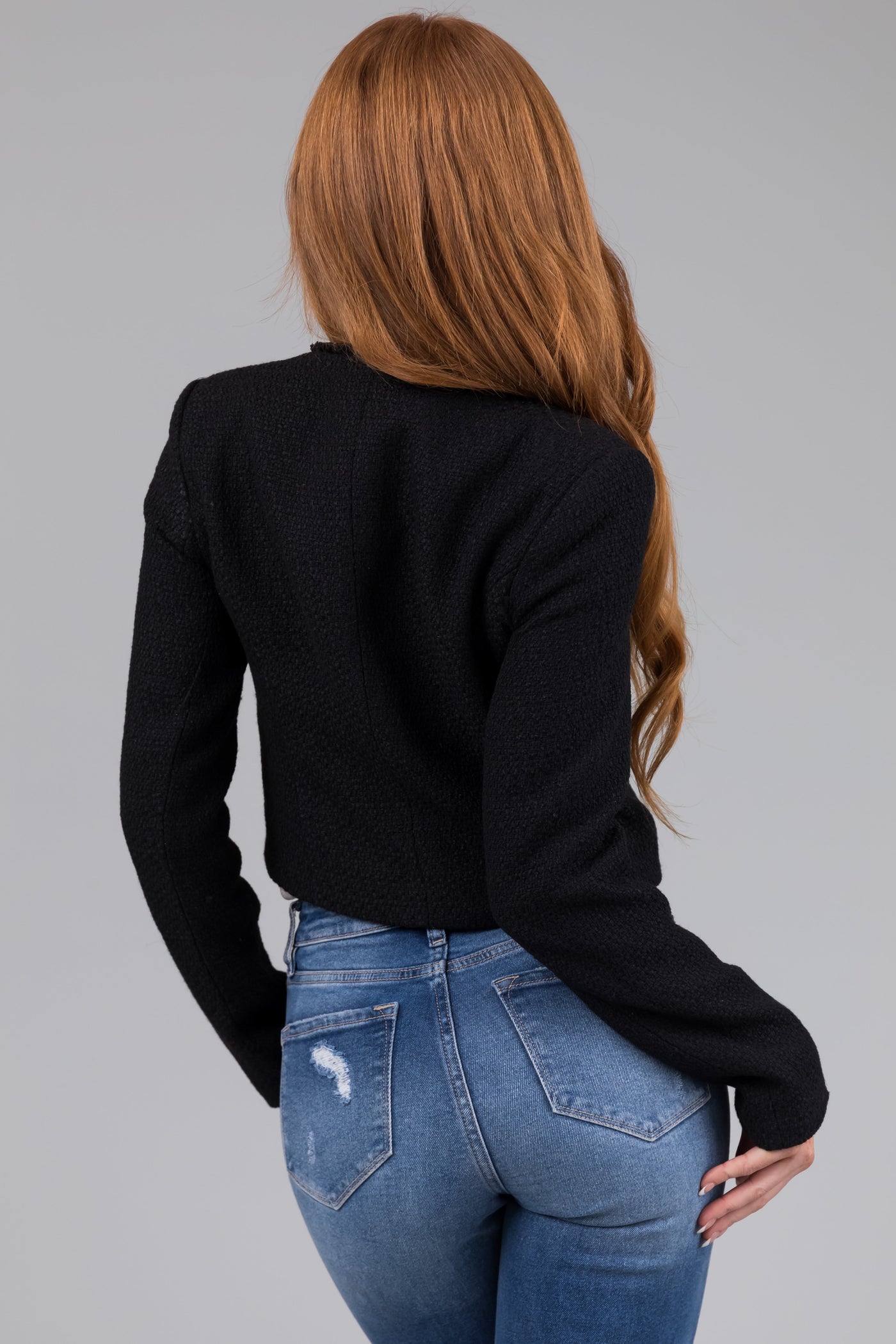 Black Tweed Cropped Button Long Sleeve Jacket