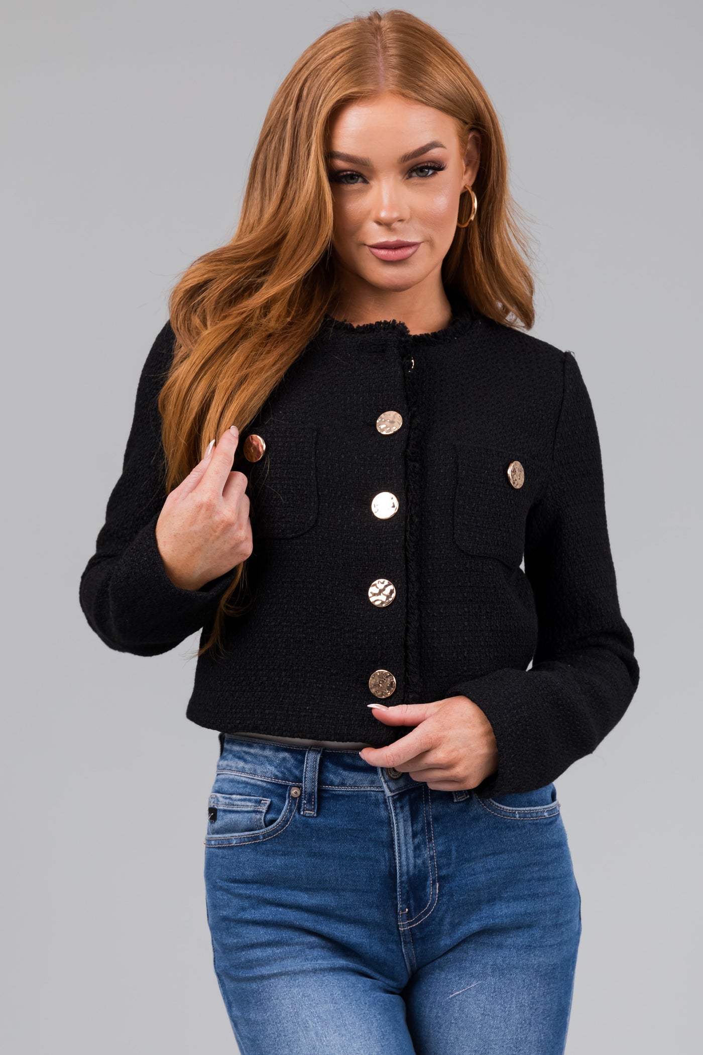 Black Tweed Cropped Button Long Sleeve Jacket
