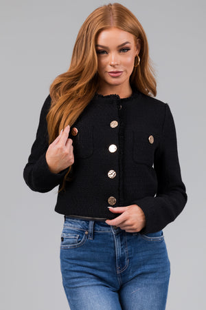 Black Tweed Cropped Button Long Sleeve Jacket
