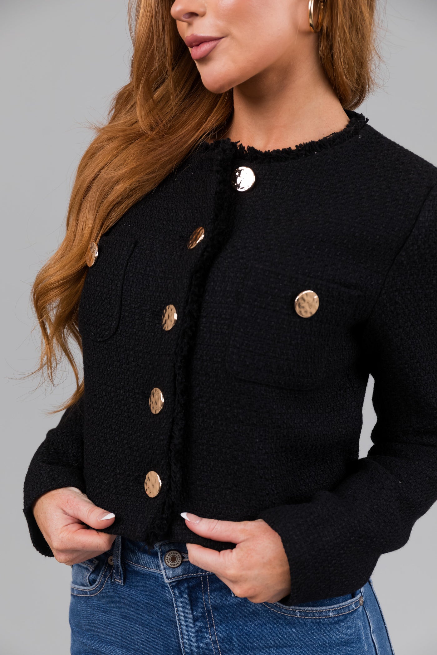 Black Tweed Cropped Button Long Sleeve Jacket