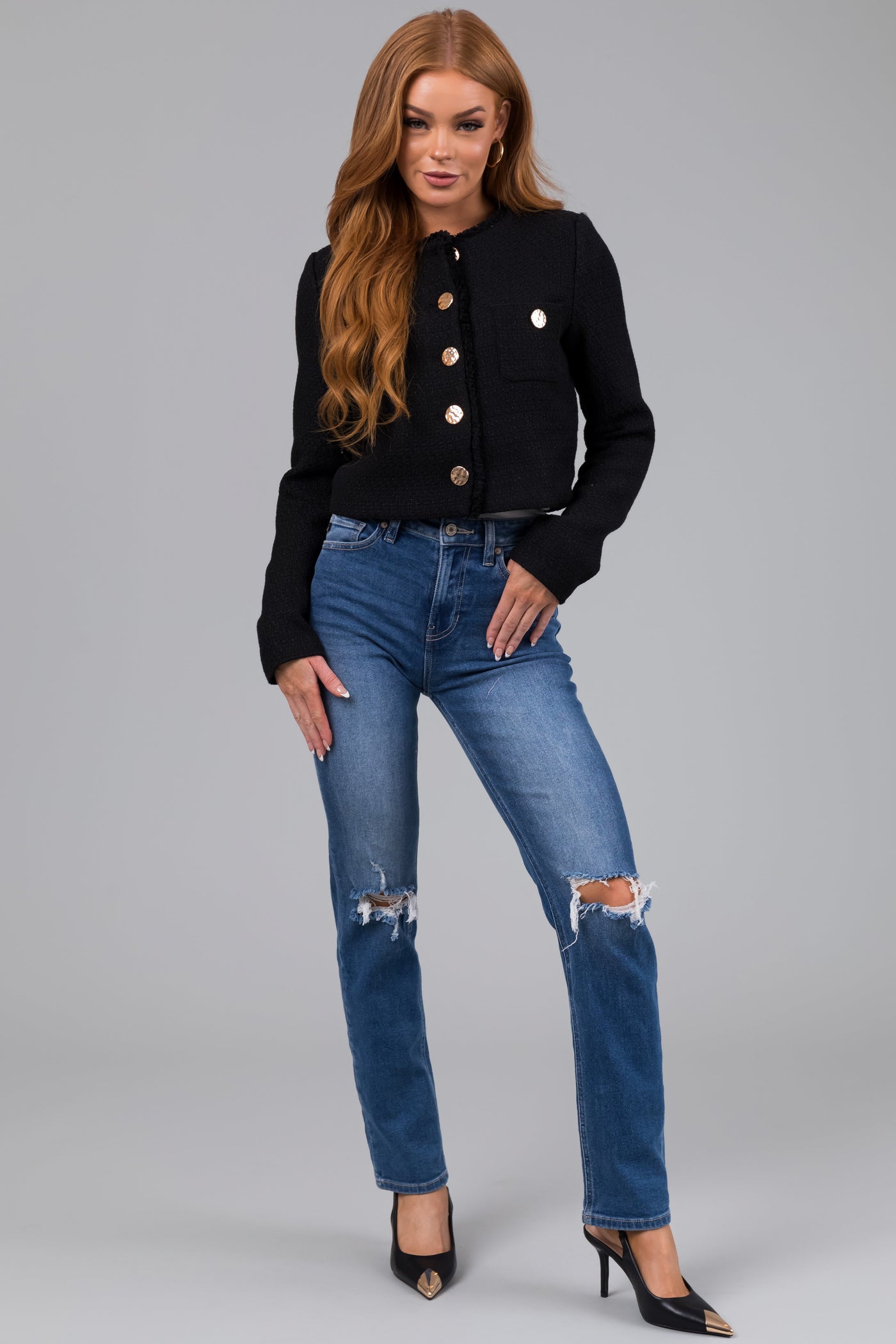 Black Tweed Cropped Button Long Sleeve Jacket